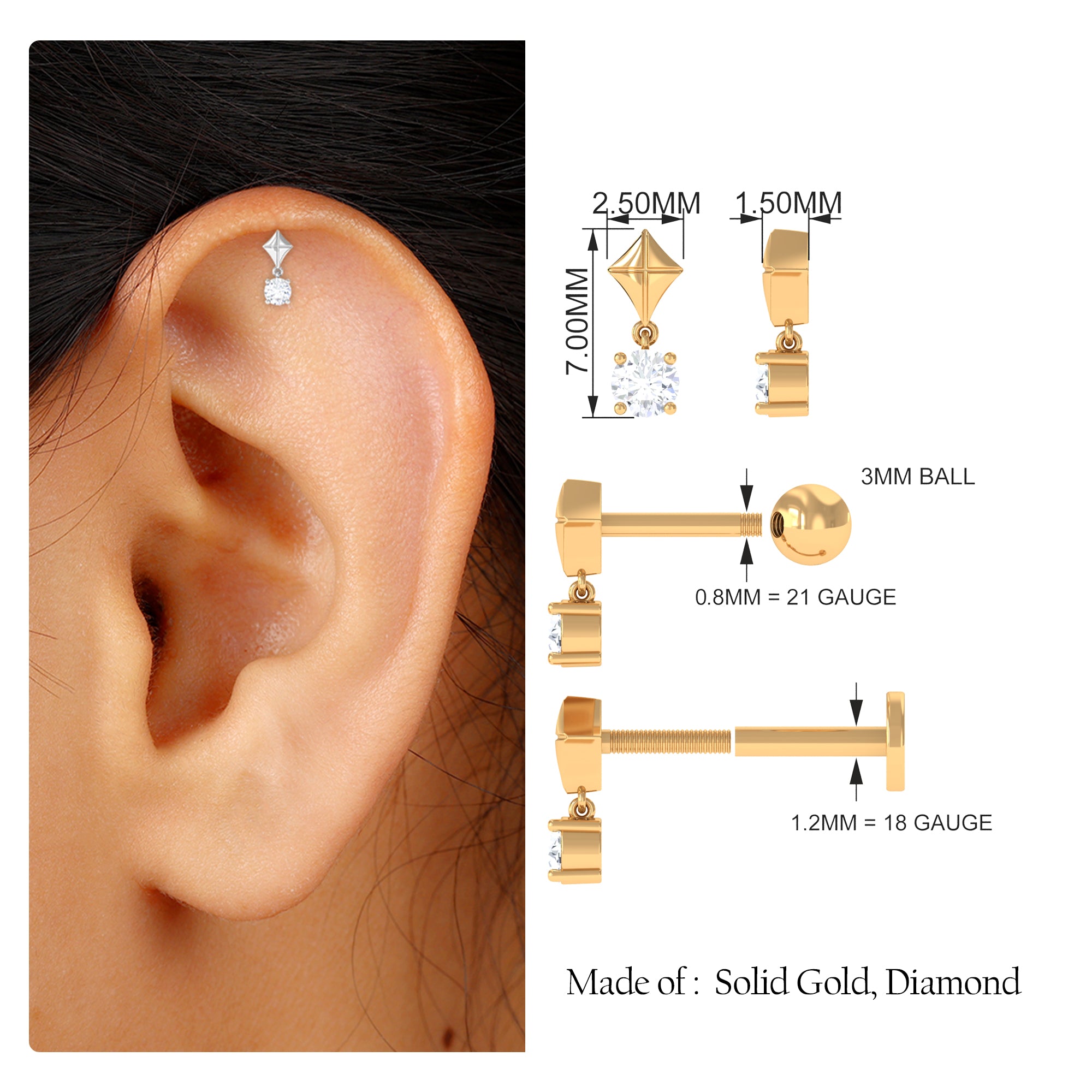 Diamond Dangling Earring for Helix Piercing Diamond - ( HI-SI ) - Color and Clarity - Rosec Jewels