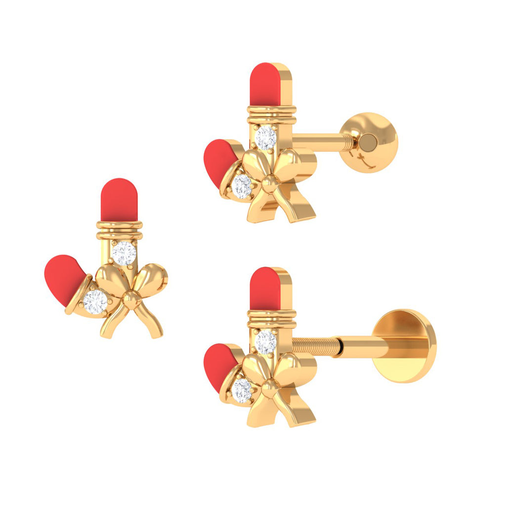 Christmas Red Enamel Diamond Candy Cane Earring with Bow Diamond - ( HI-SI ) - Color and Clarity - Rosec Jewels