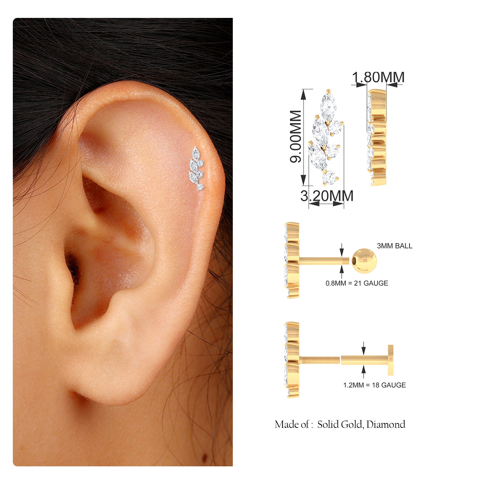 Moissanite Minimal Leaf Crawler Earring in Gold Moissanite - ( D-VS1 ) - Color and Clarity - Rosec Jewels