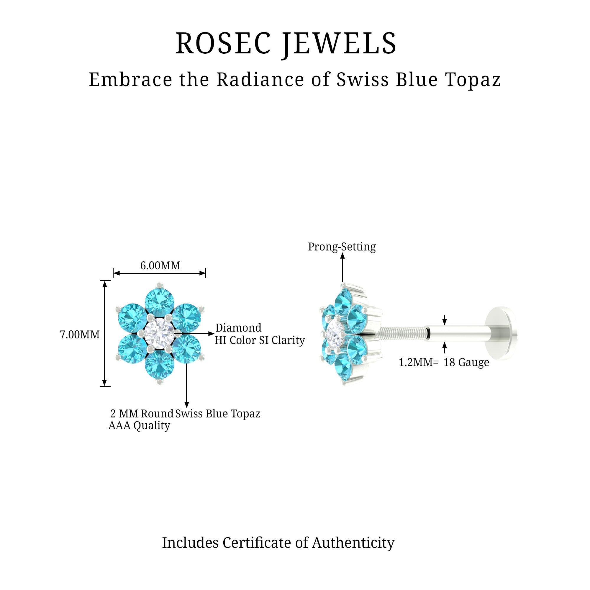 Swiss Blue Topaz and Diamond Flower Helix Earring Swiss Blue Topaz - ( AAA ) - Quality - Rosec Jewels