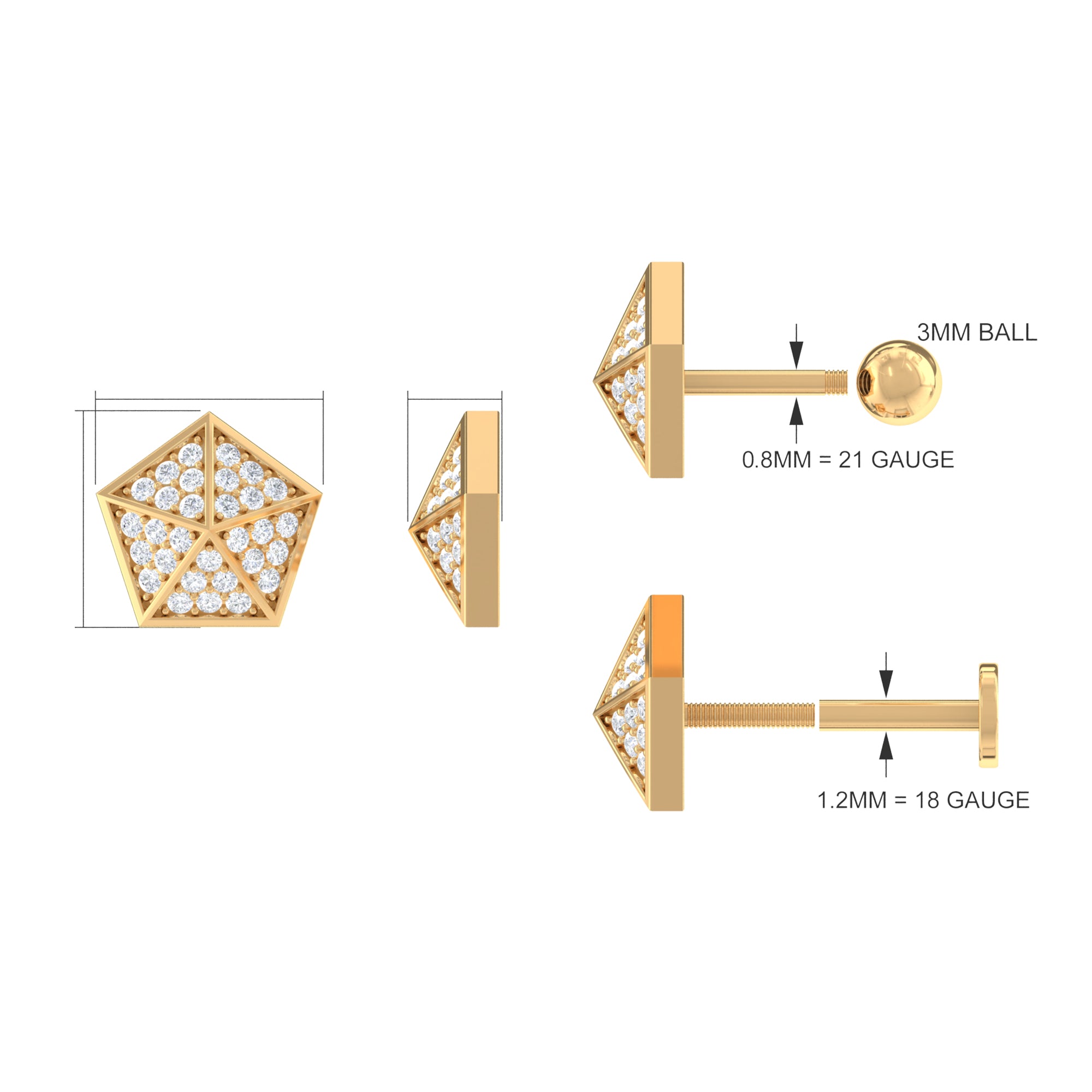 Certified Moissanite Gold Pentagon Cartilage Earring Moissanite - ( D-VS1 ) - Color and Clarity - Rosec Jewels