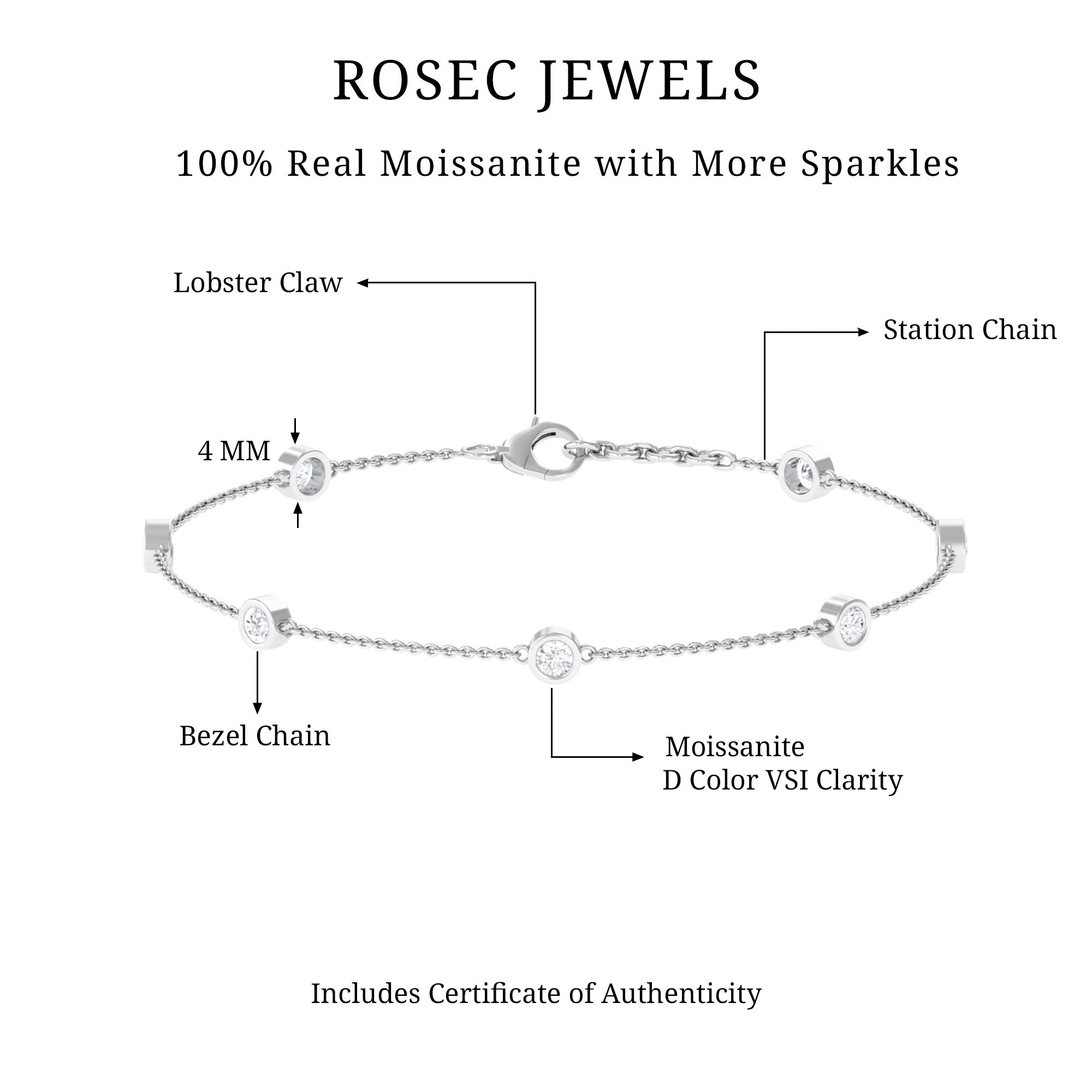 Round Moissanite Station Chain Bracelet in Bezel Setting Moissanite - ( D-VS1 ) - Color and Clarity 92.5 Sterling Silver 7.0 Inches - Rosec Jewels