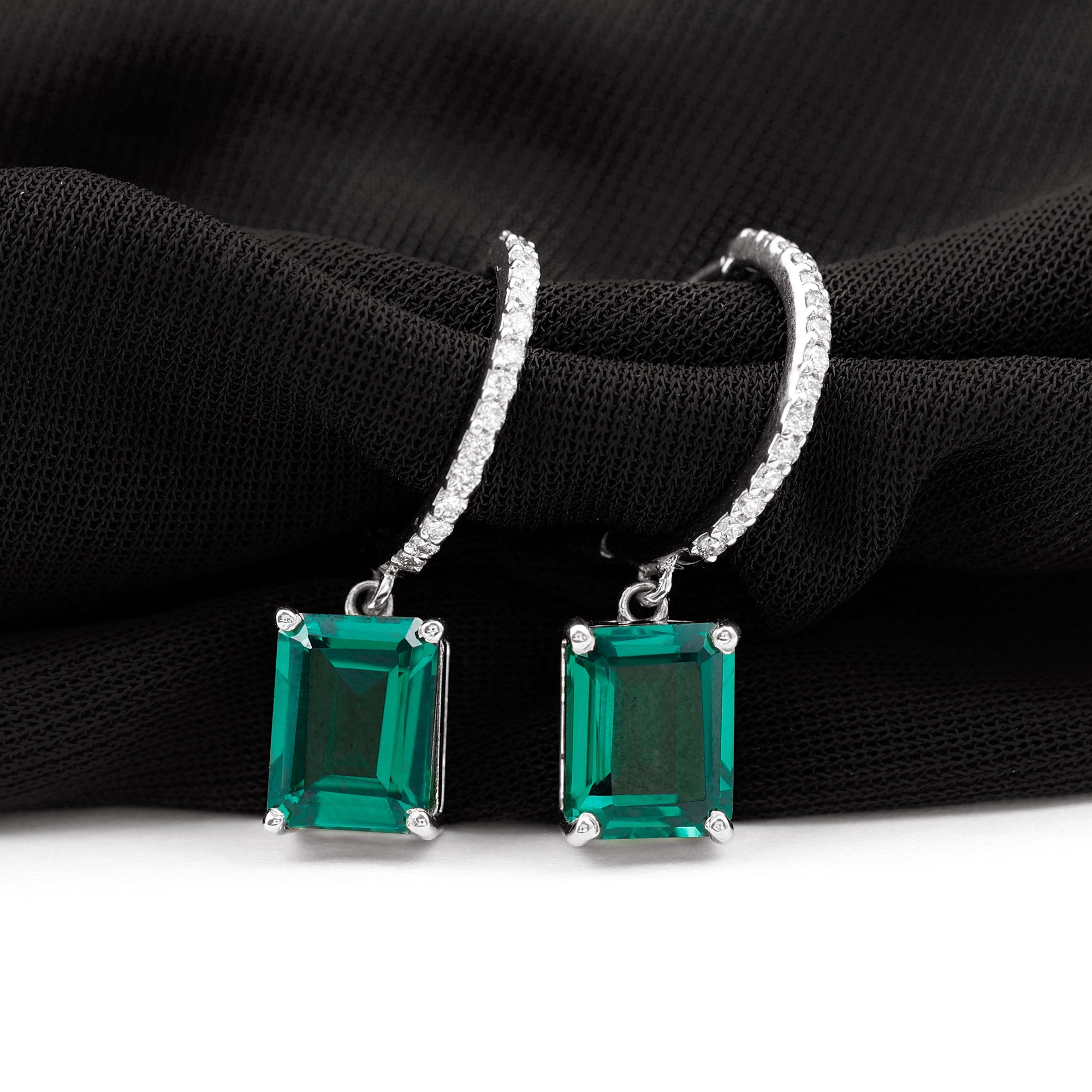 5 CT Octagon Cut Created Emerald Hoop Drop Earrings with Diamond Lab Created Emerald - ( AAAA ) - Quality - Rosec Jewels