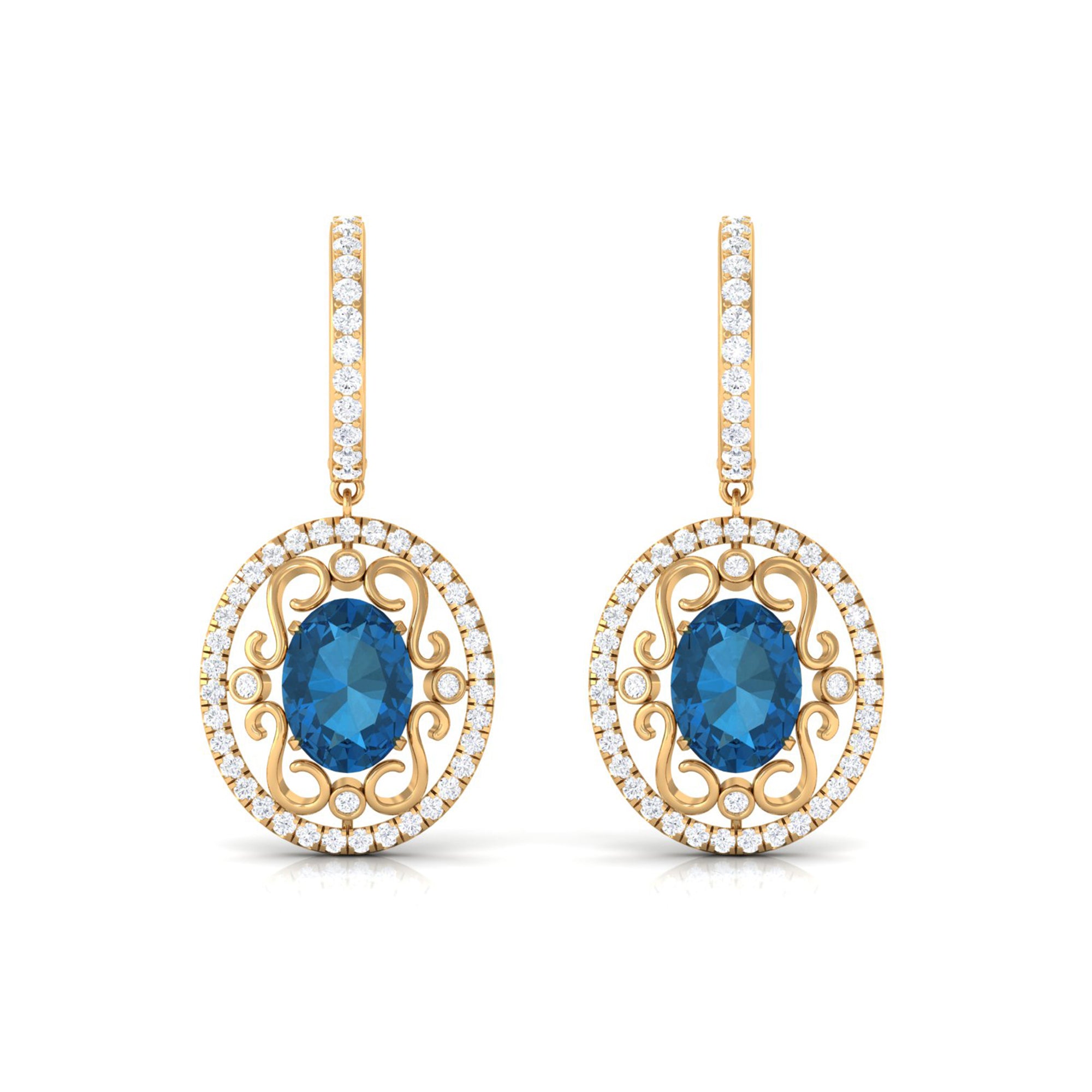 Vintage Style London Blue Topaz Hoop Drop Earrings with Diamond London Blue Topaz - ( AAA ) - Quality - Rosec Jewels