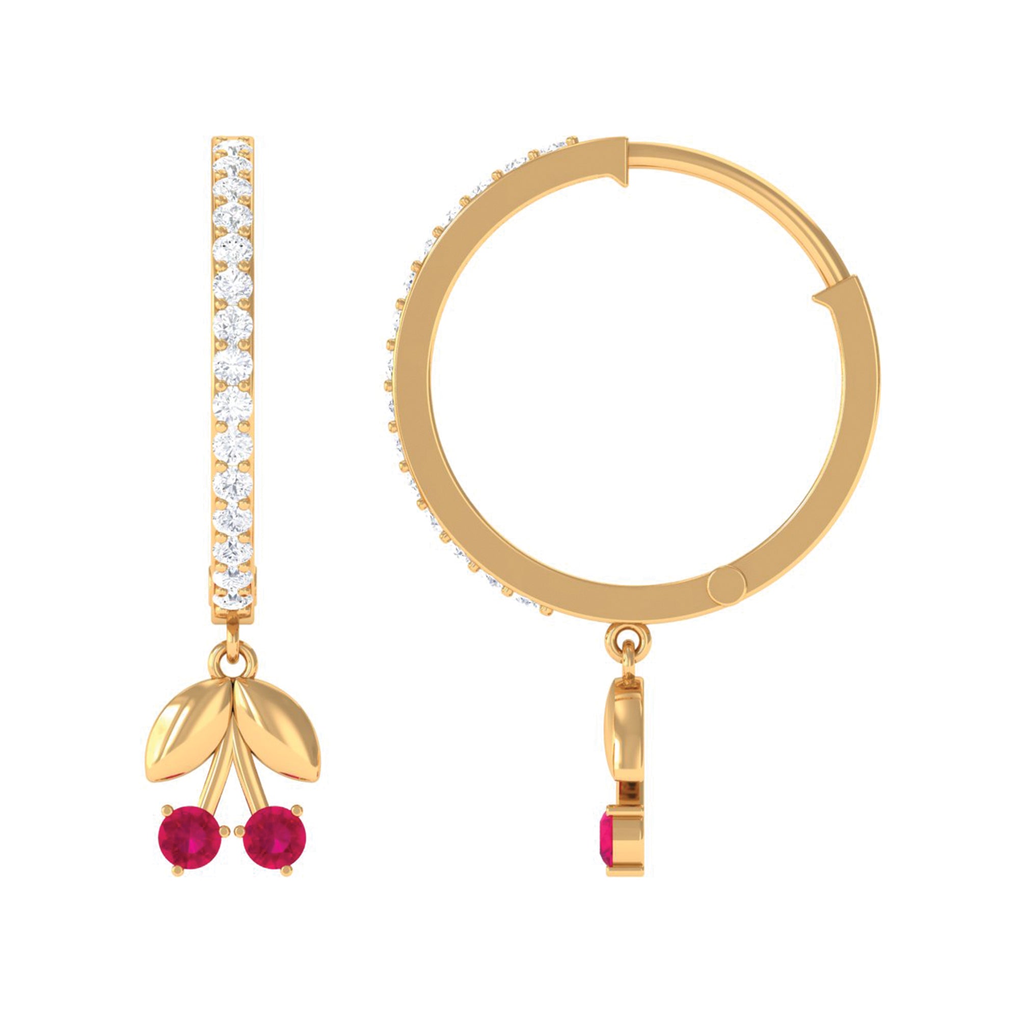 Ruby and Diamond Cherry Hoop Earrings Ruby - ( AAA ) - Quality - Rosec Jewels