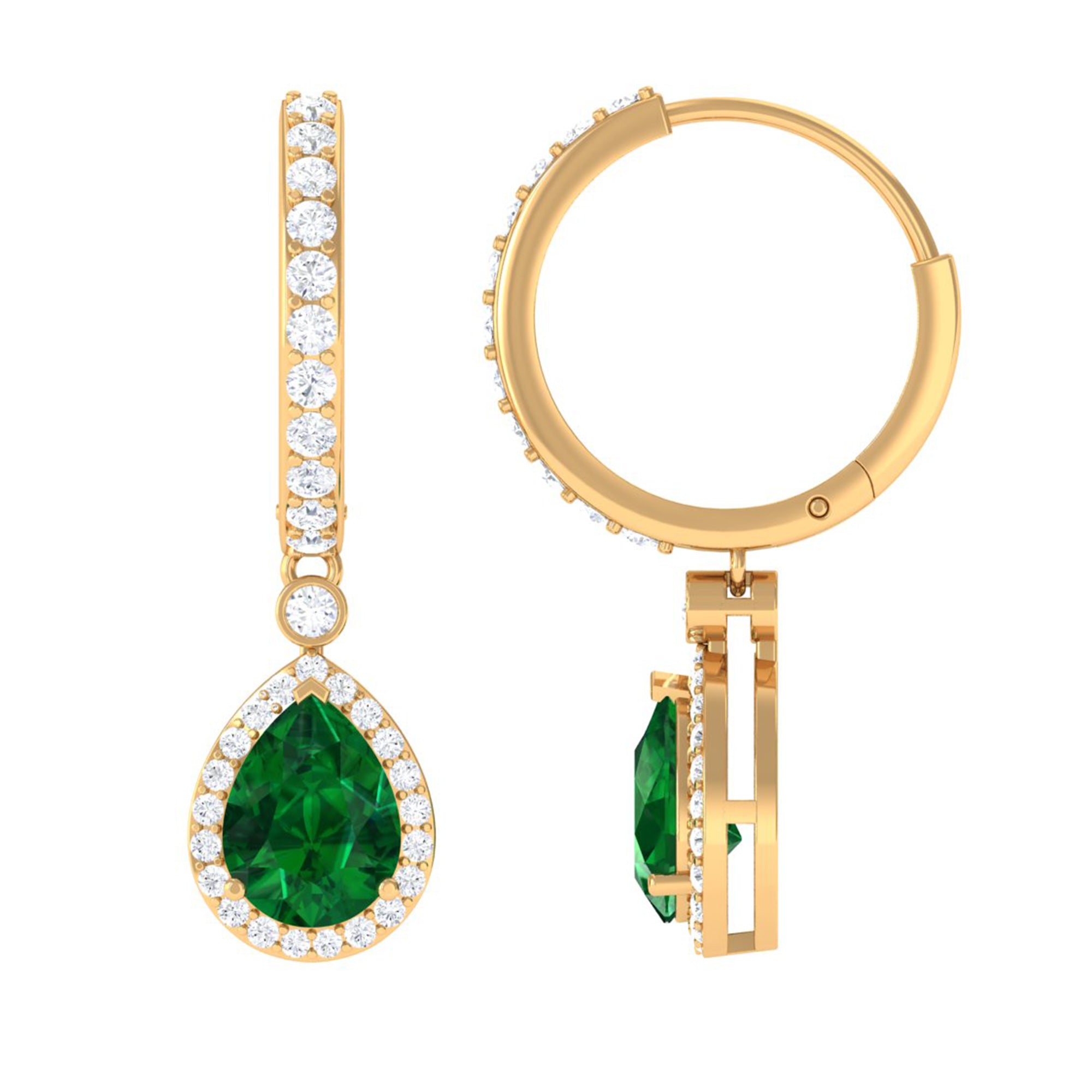 2.75 CT Dangle Hoop Earrings with Created Emerald and Moissanite Halo Lab Created Emerald - ( AAAA ) - Quality - Rosec Jewels
