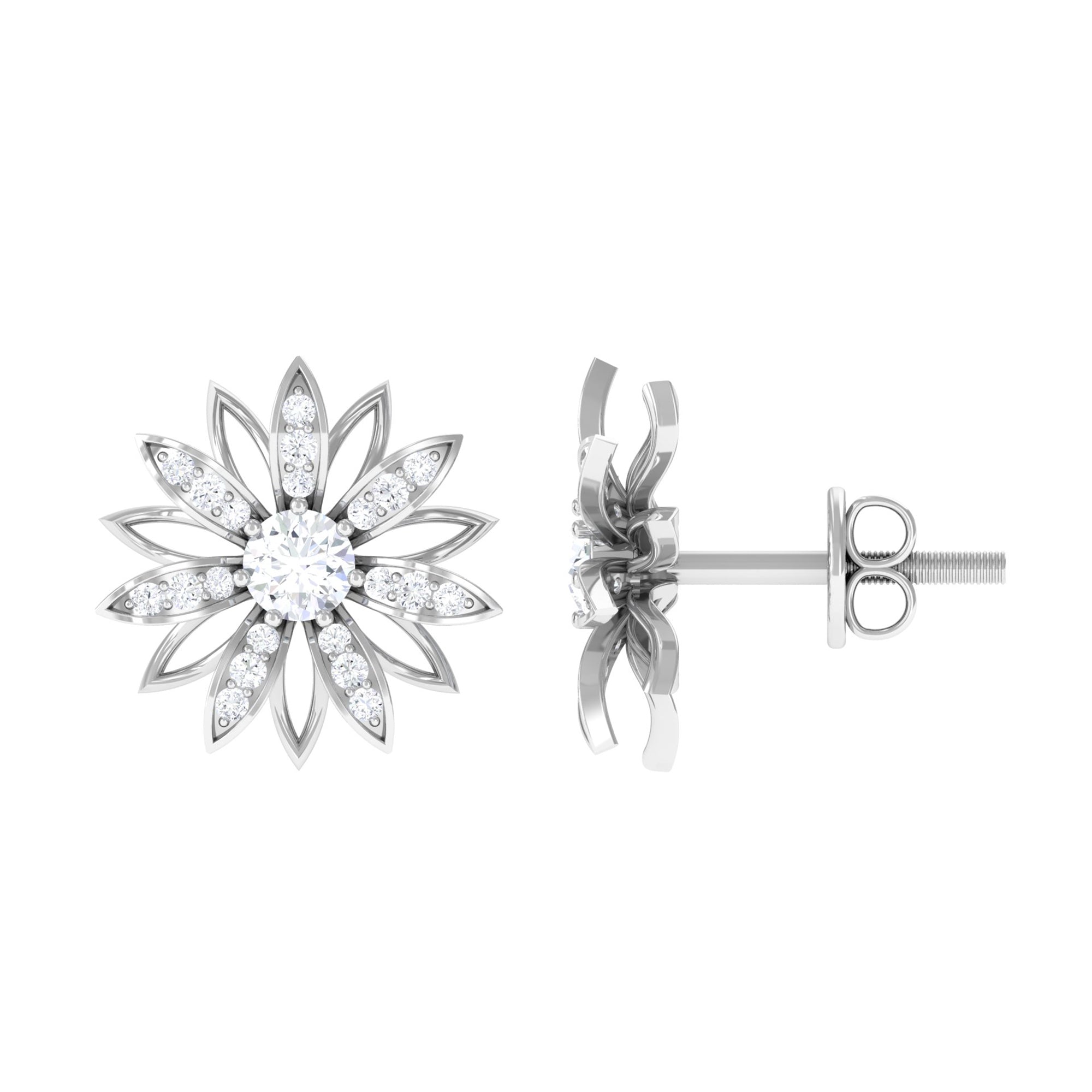 Zircon Flower Screw Back Stud Earrings Zircon - ( AAAA ) - Quality - Rosec Jewels