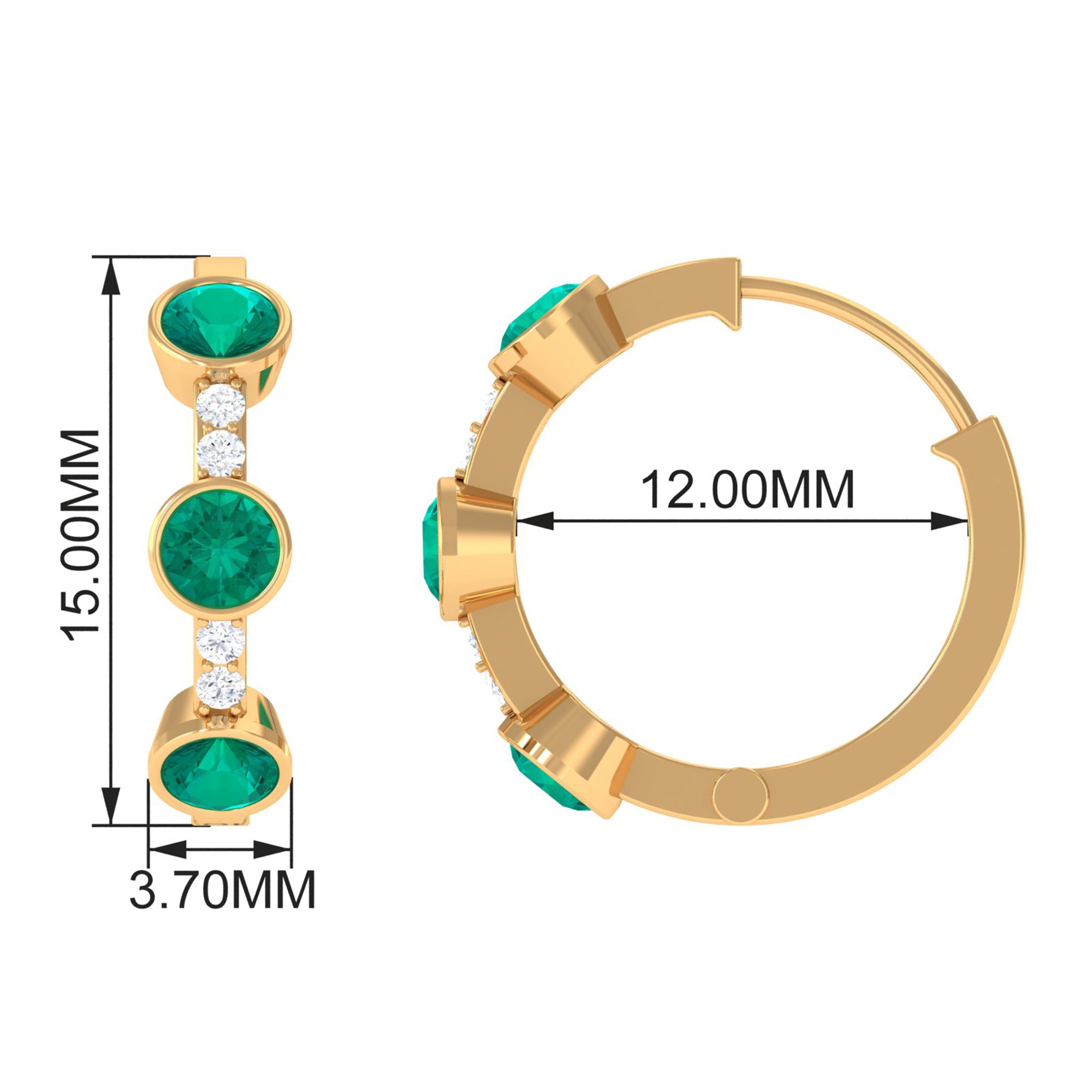 Bezel Set Emerald 3 Stone Hinged Hoop Earrings with Diamond Emerald - ( AAA ) - Quality - Rosec Jewels