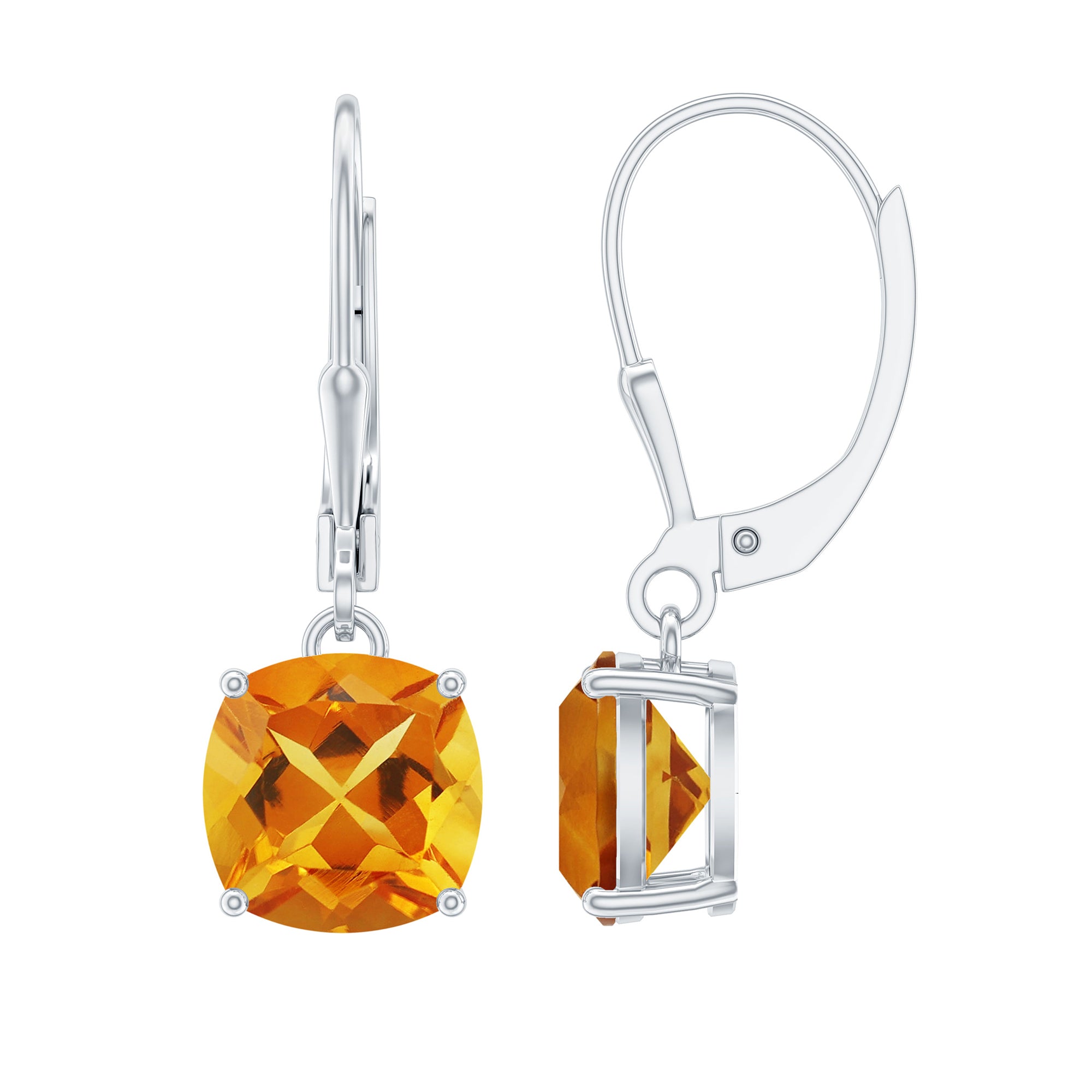 8 MM Cushion Cut Citrine Solitaire Drop Earrings in Silver Citrine - ( AAA ) - Quality 92.5 Sterling Silver - Rosec Jewels
