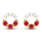 Three Stone Ruby Eternity Stud Earrings with Diamond Ruby - ( AAA ) - Quality - Rosec Jewels