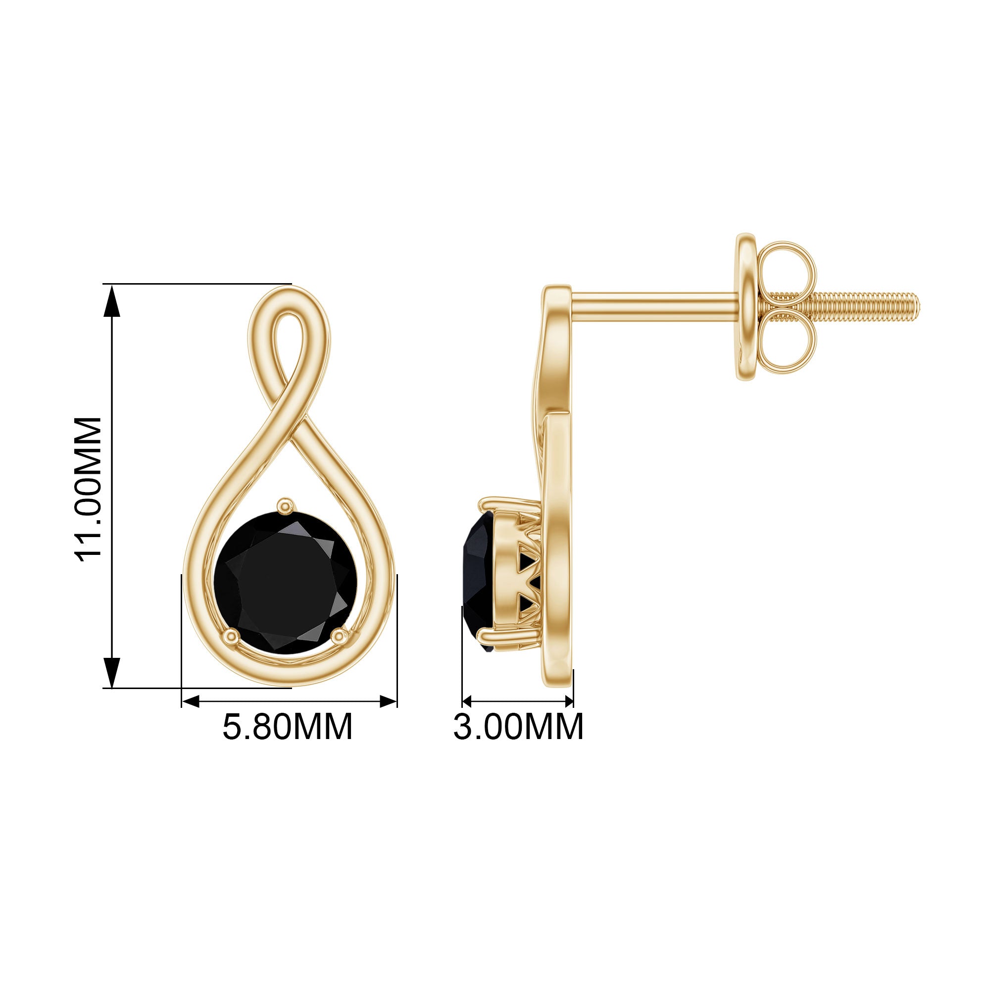 4 MM Created Black Diamond Gold Infinity Stud Earrings Lab Created Black Diamond - ( AAAA ) - Quality - Rosec Jewels