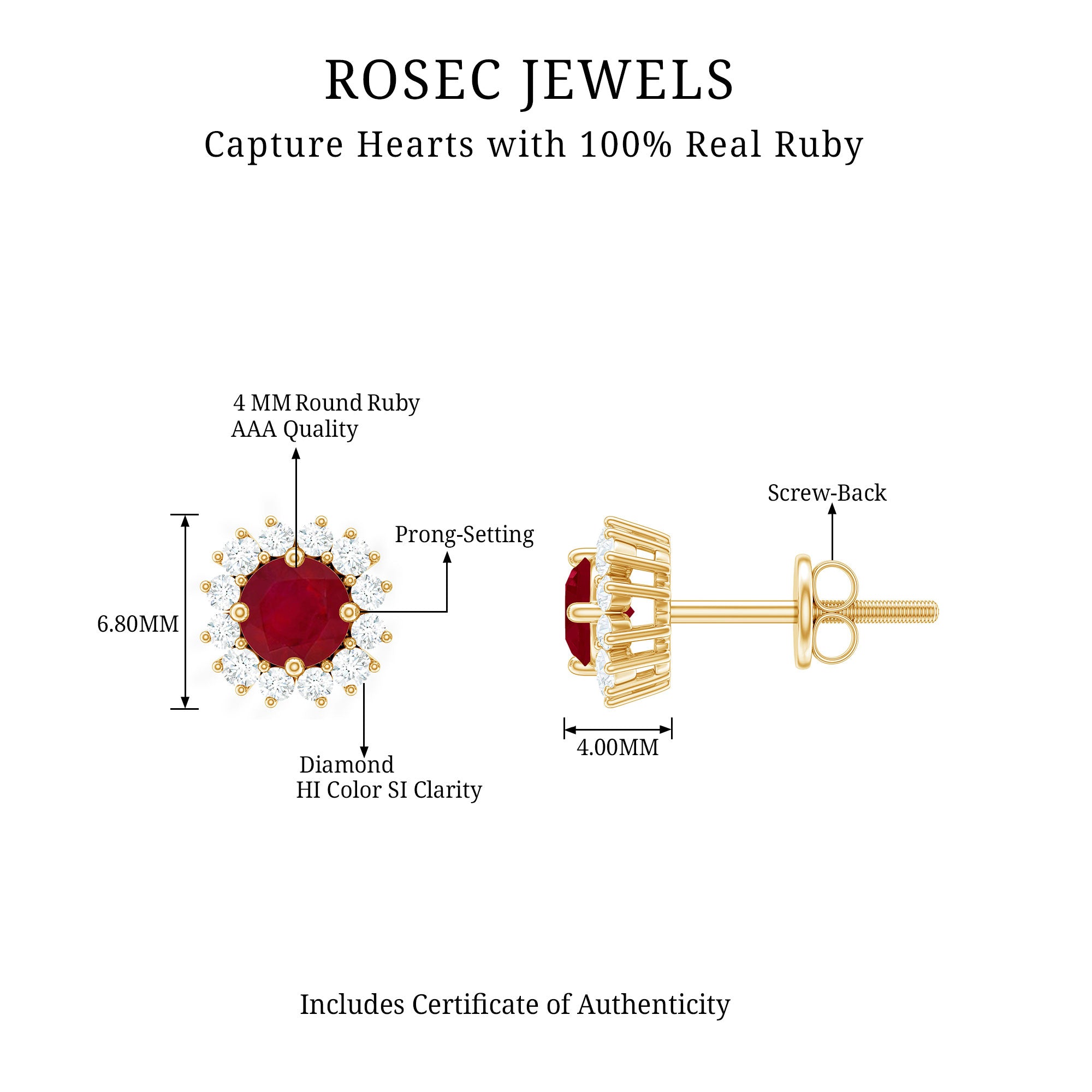 Classic Ruby Stud Earrings with Diamond Accent Ruby - ( AAA ) - Quality - Rosec Jewels