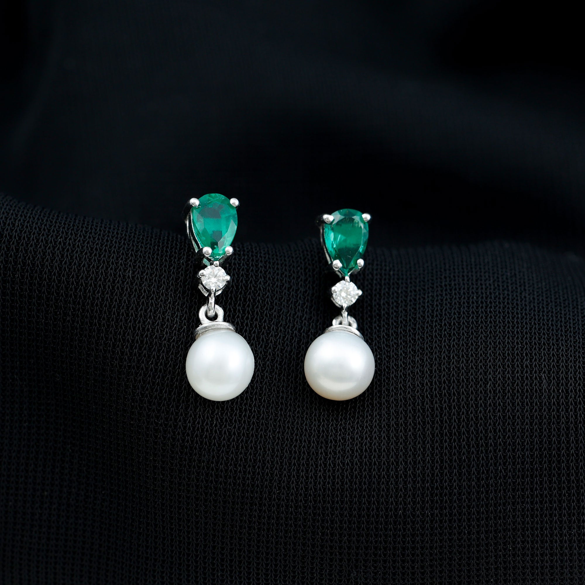 3.75 CT Created Emerald and Moissanite Silver Dangle Earrings with Freshwater Pearl Drop - Rosec Jewels