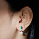 3.75 CT Created Emerald and Moissanite Silver Dangle Earrings with Freshwater Pearl Drop - Rosec Jewels
