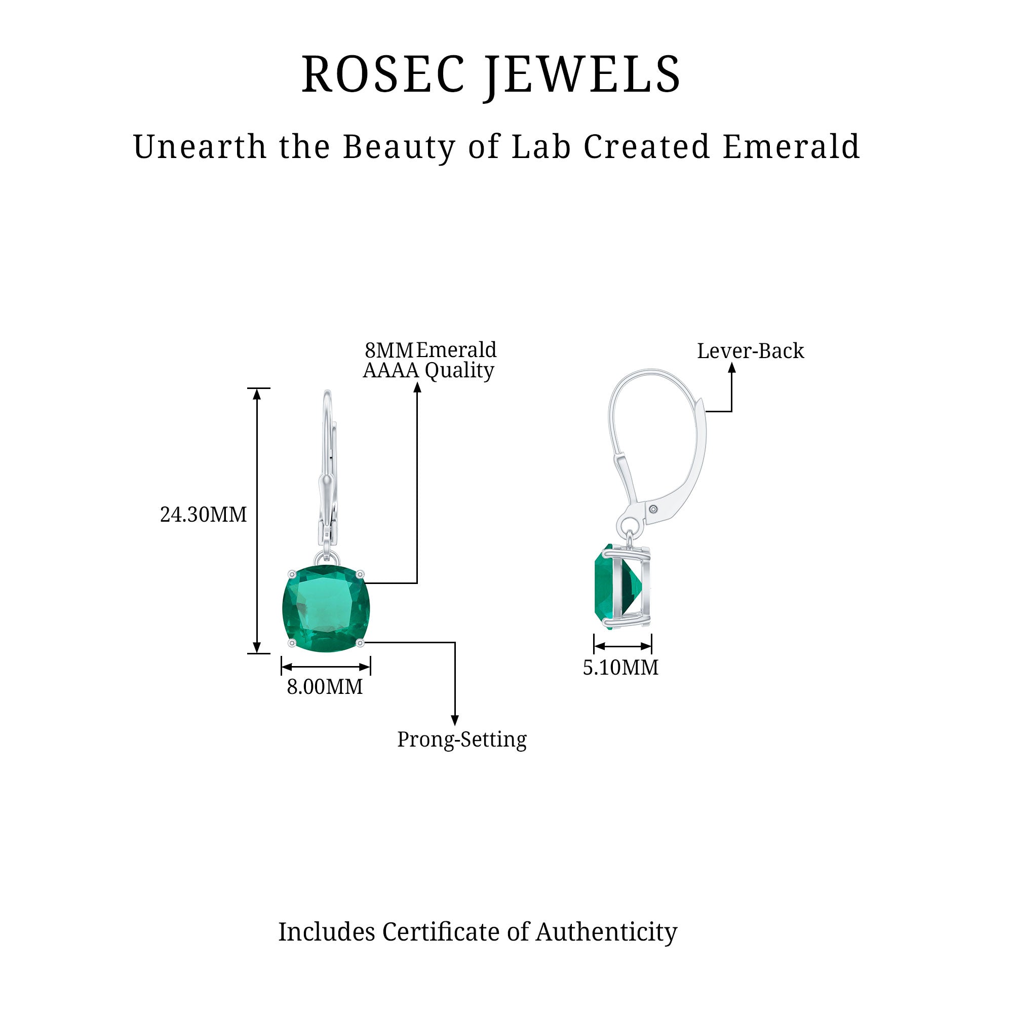 Cushion Cut Solitaire Created Emerald Drop Earrings in Silver Lab Created Emerald - ( AAAA ) - Quality 92.5 Sterling Silver - Rosec Jewels