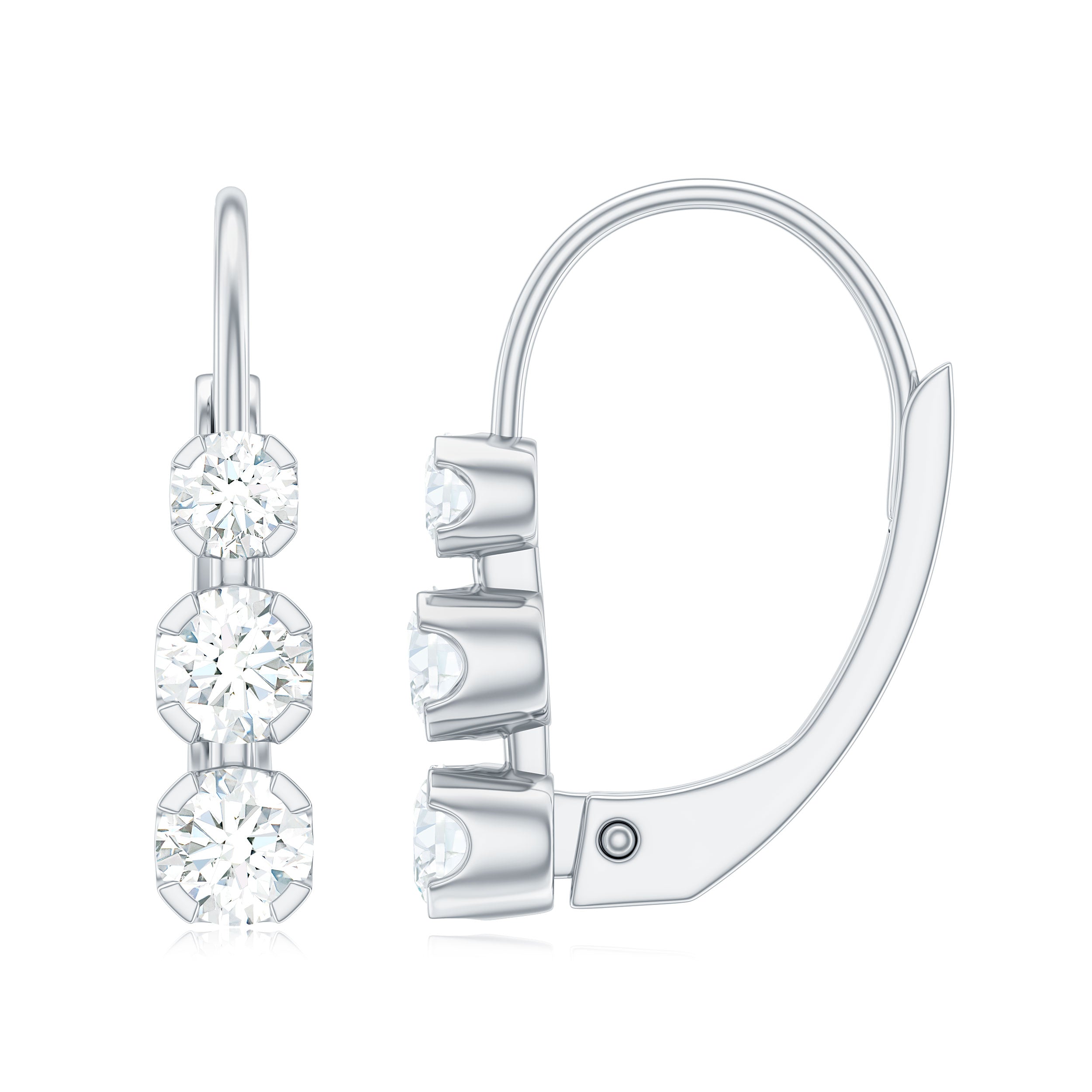 Round Moissanite Three Stone Hoop Earrings with Lever Back Moissanite - ( D-VS1 ) - Color and Clarity 92.5 Sterling Silver - Rosec Jewels