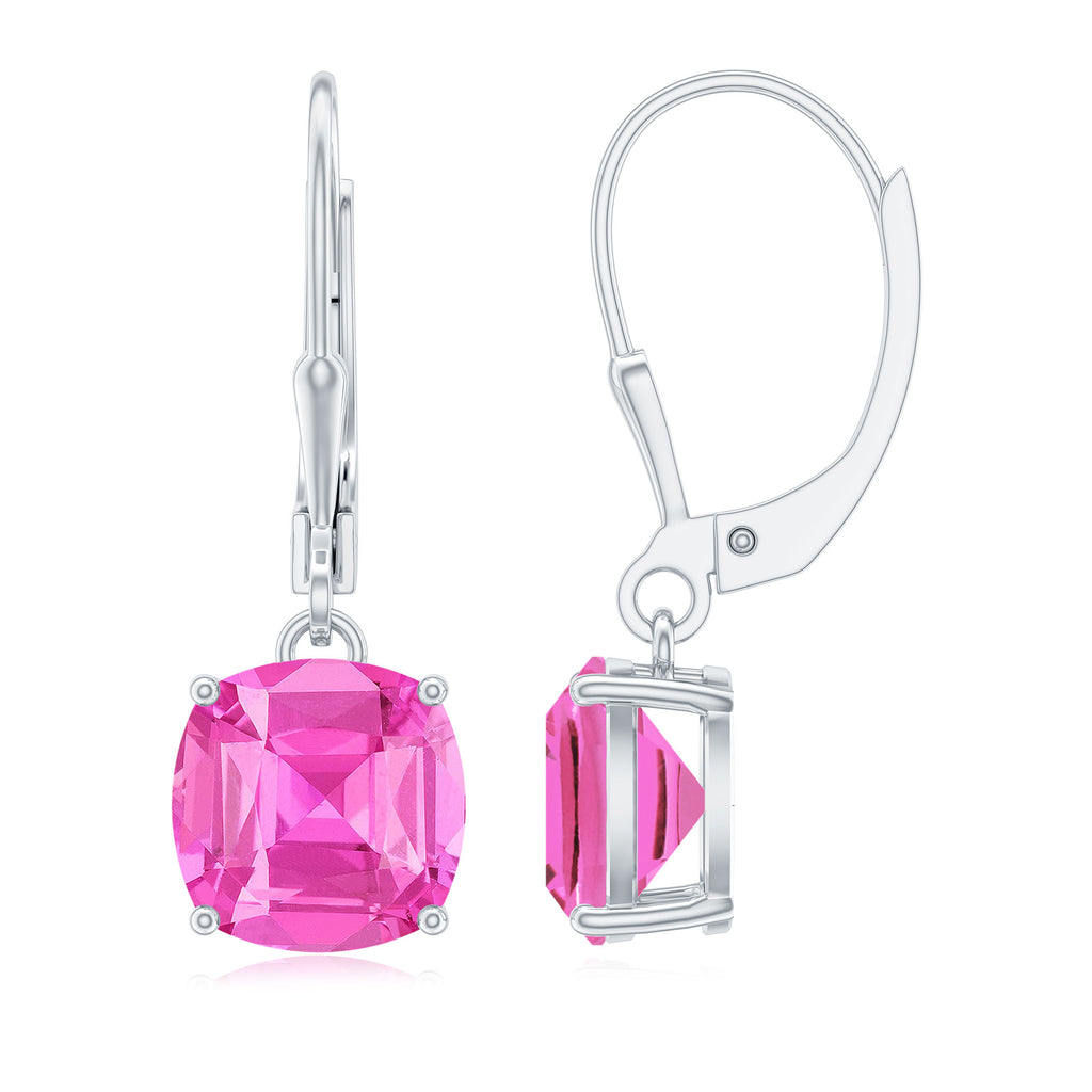 Cushion Cut Created Pink Sapphire Solitaire Drop Earrings with Lever Back Lab Created Pink Sapphire - ( AAAA ) - Quality - Rosec Jewels
