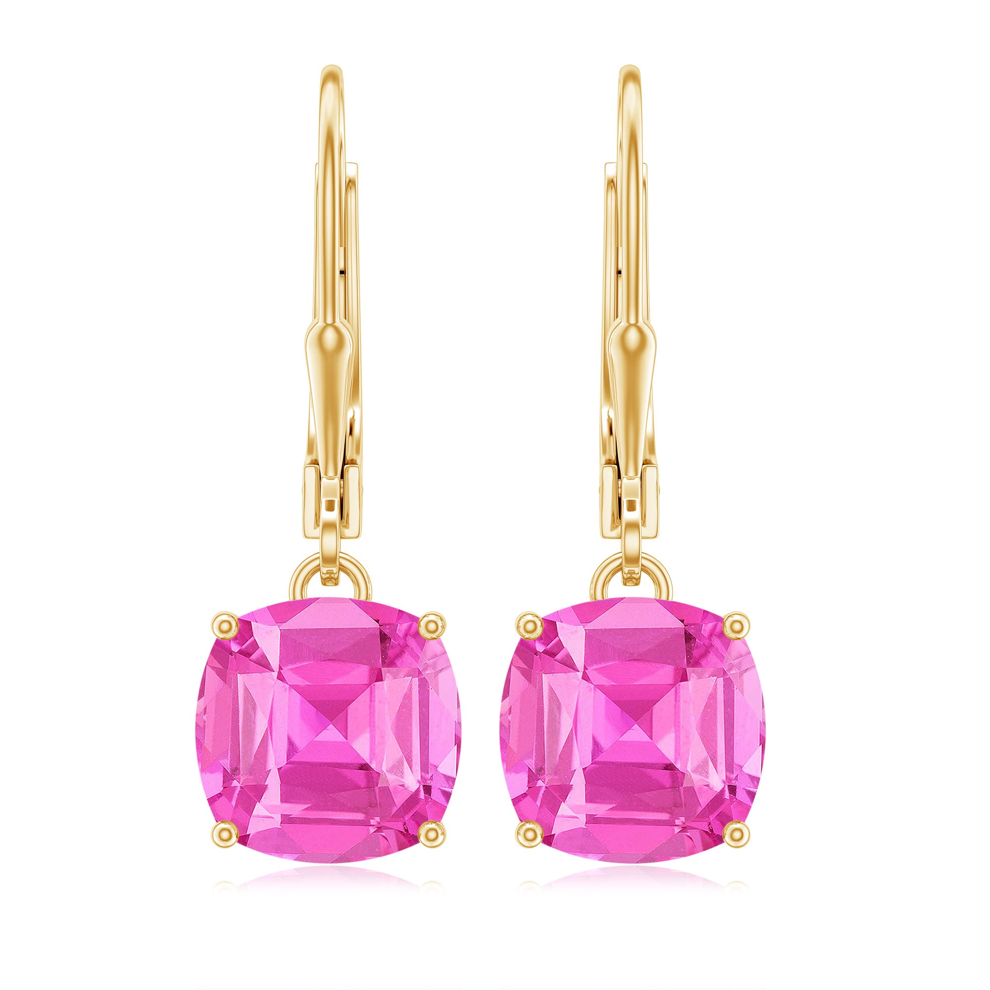 Cushion Cut Created Pink Sapphire Solitaire Drop Earrings with Lever Back Lab Created Pink Sapphire - ( AAAA ) - Quality - Rosec Jewels