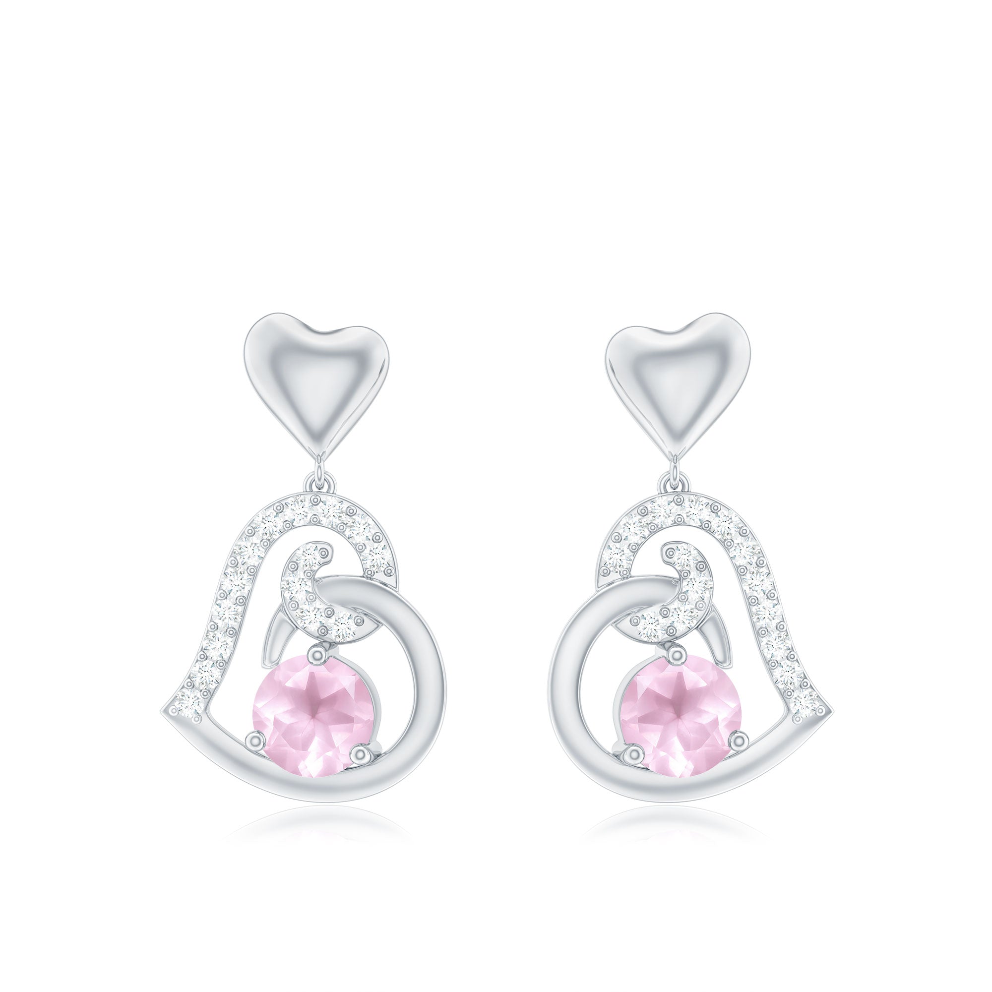 3/4 CT Rose Quartz and Diamond Heart Drop Earrings Rose Quartz - ( AAA ) - Quality - Rosec Jewels