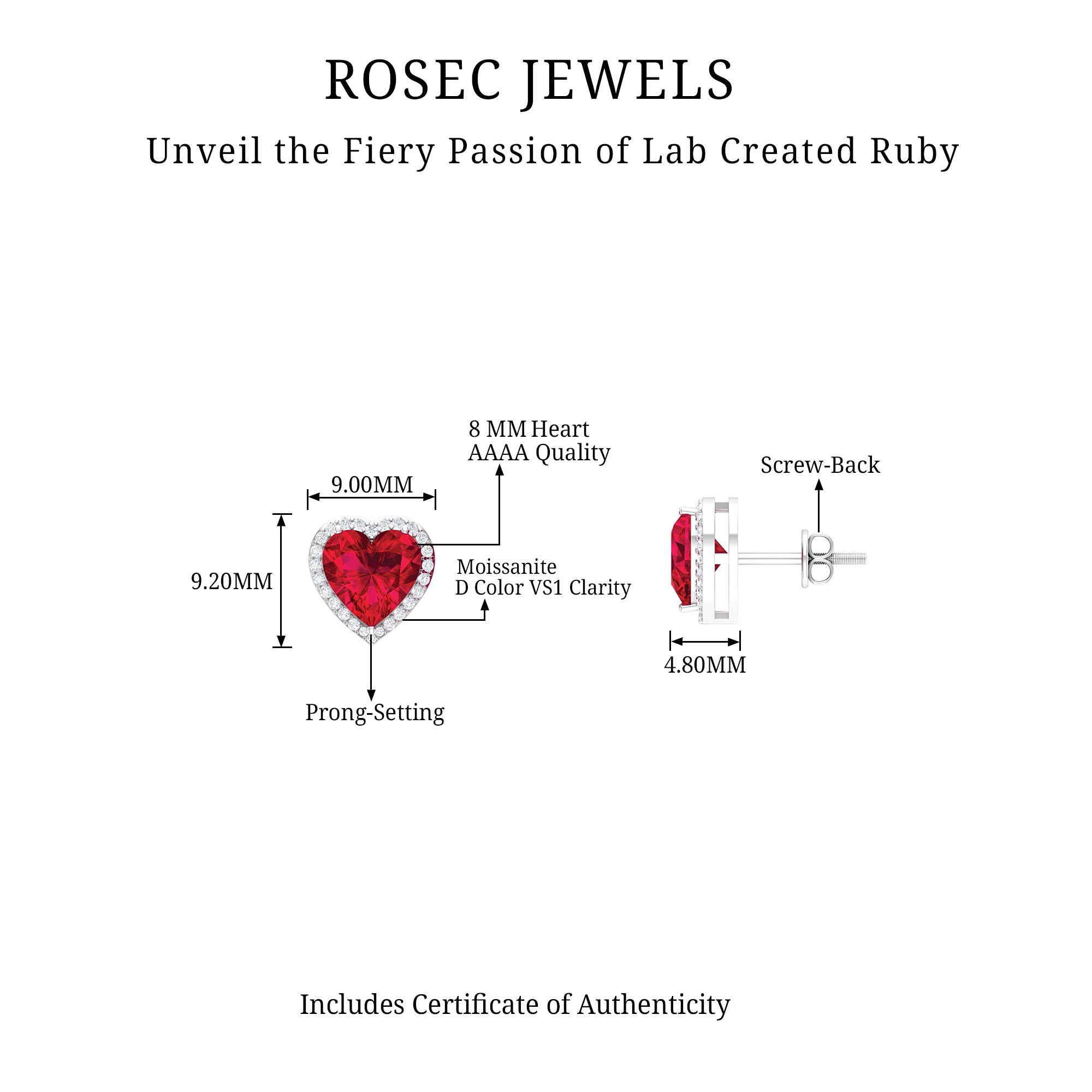 4.25 CT Heart Shape Created Ruby and Moissanite Stud Earrings - Rosec Jewels