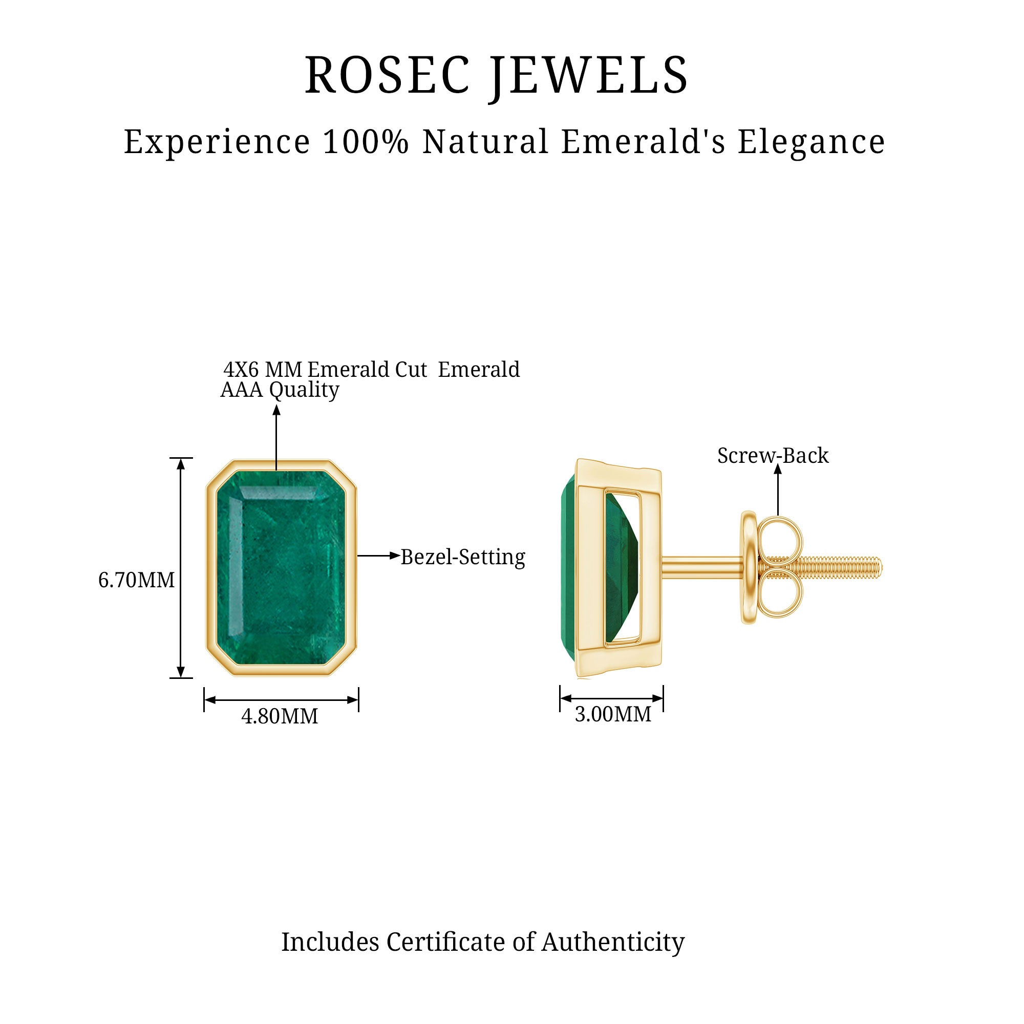 Octagon Cut Emerald Solitaire Stud Earrings in Bezel Setting Emerald - ( AAA ) - Quality - Rosec Jewels