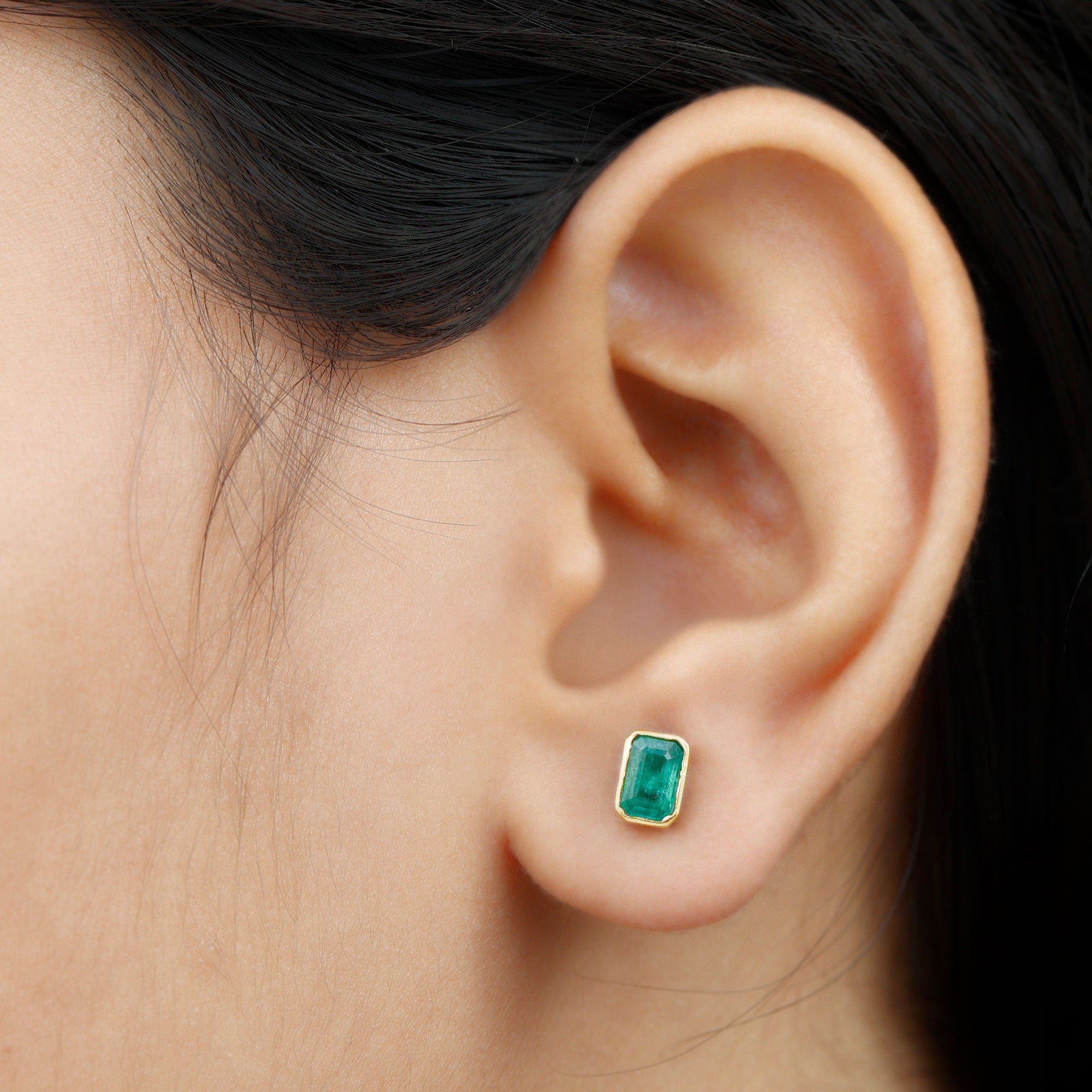 Octagon Cut Emerald Solitaire Stud Earrings in Bezel Setting Emerald - ( AAA ) - Quality - Rosec Jewels
