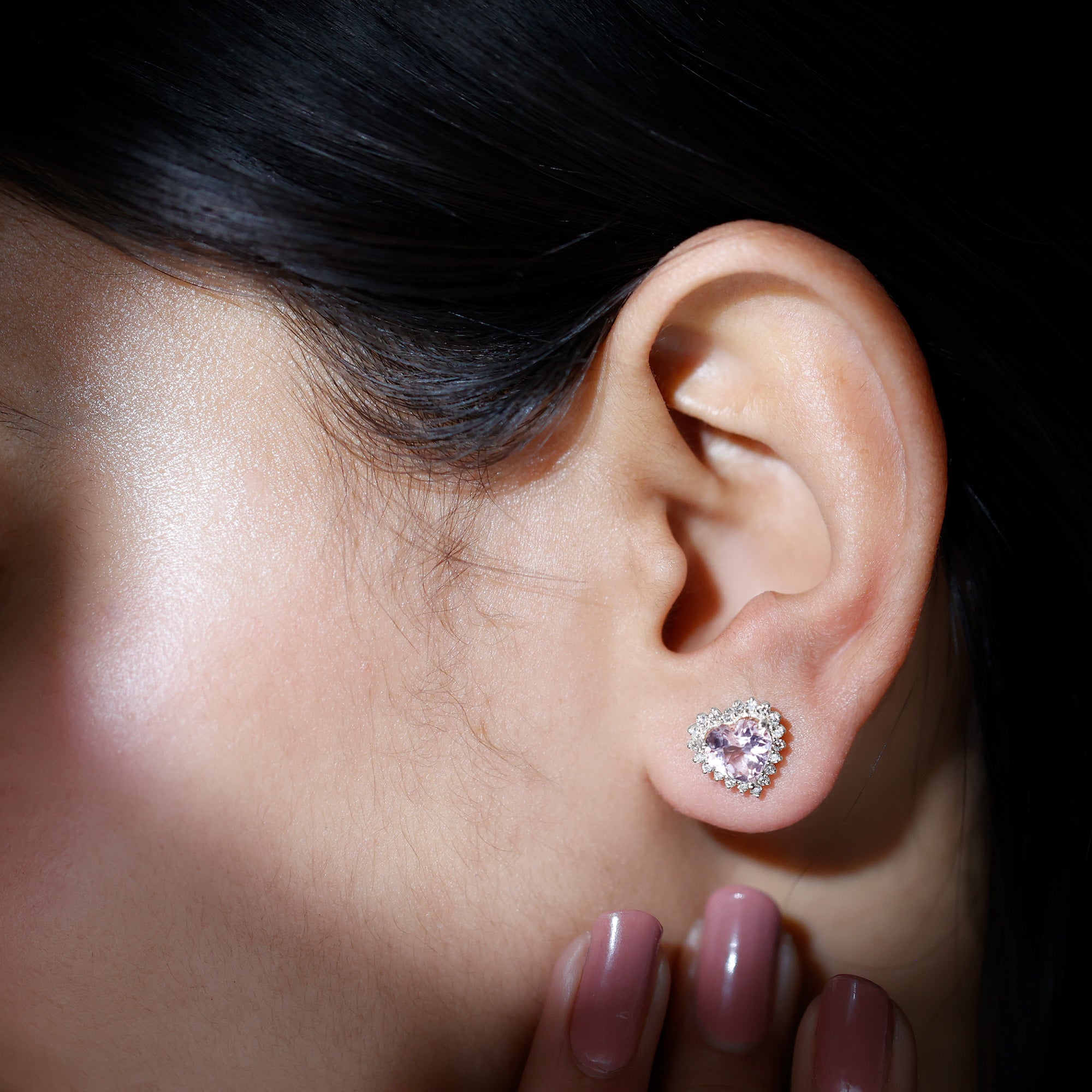 Heart Shape Morganite Halo Stud Earrings with Diamond Morganite - ( AAA ) - Quality - Rosec Jewels