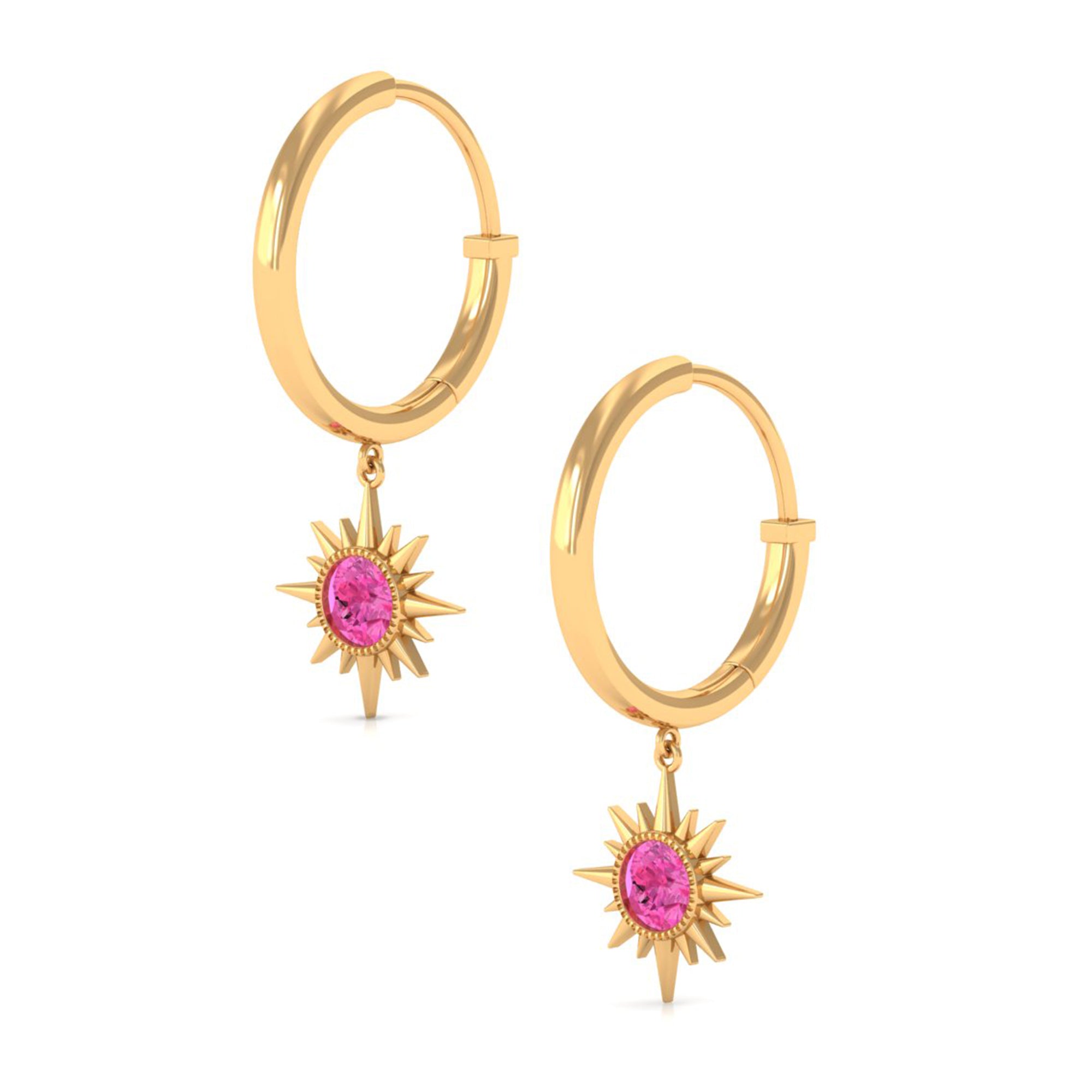 3/4 CT Milgrain Bezel Set Pink Sapphire Sunburst Drop Hoop Earrings for Women Pink Sapphire - ( AAA ) - Quality - Rosec Jewels