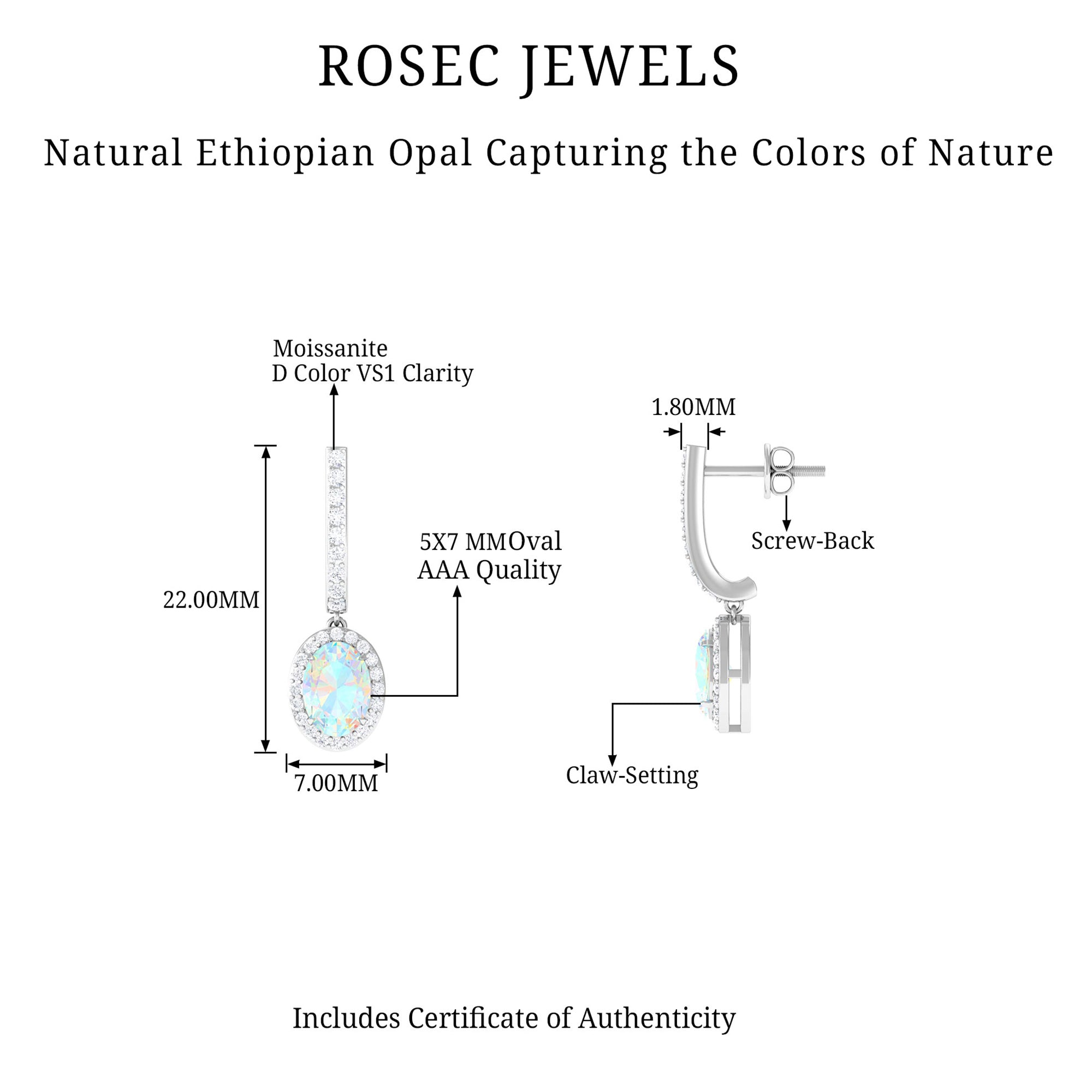 Ethiopian Opal Hoop Drop Earrings with Moissanite Ethiopian Opal - ( AAA ) - Quality - Rosec Jewels