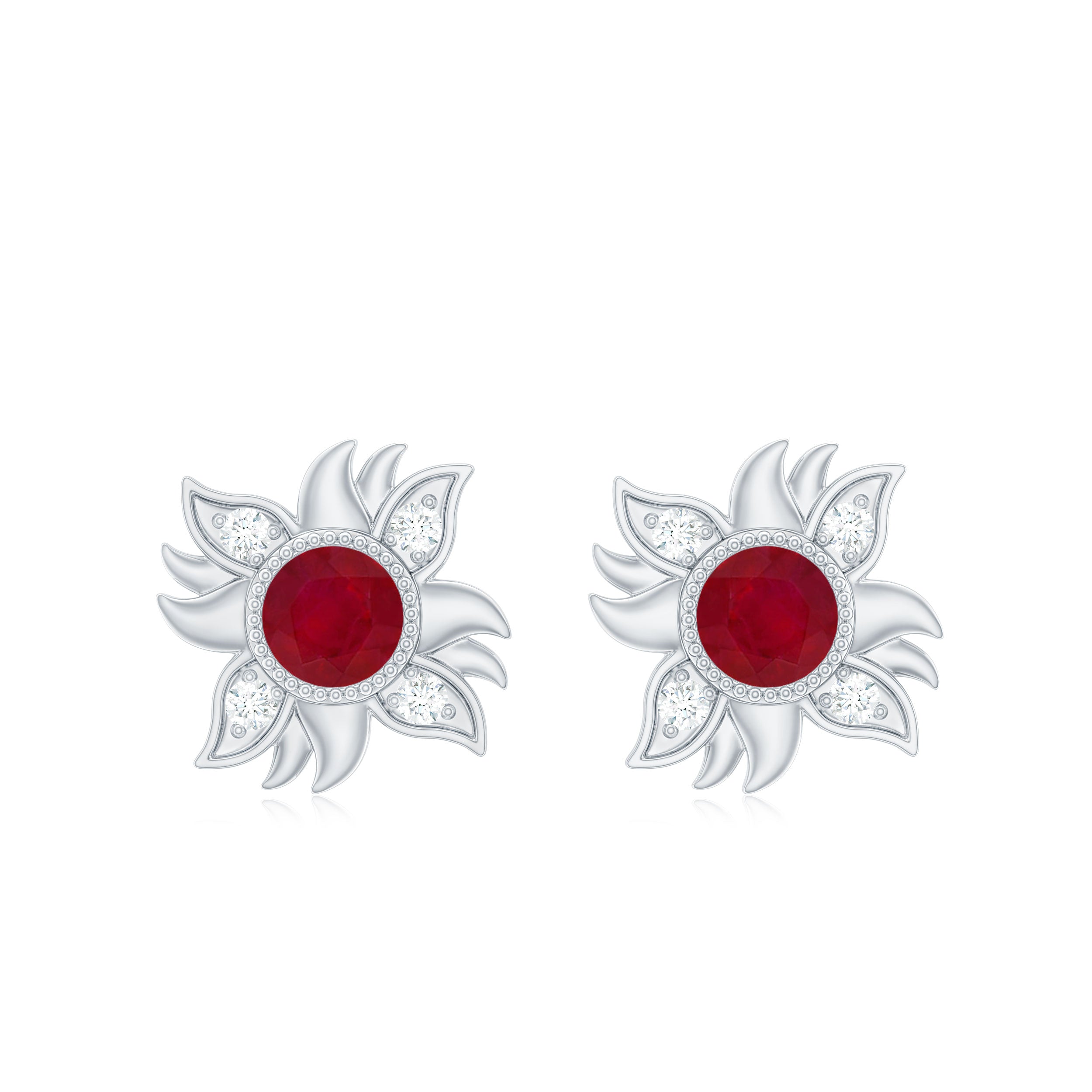Round Shape Ruby and Diamond Sunburst Stud Earrings Ruby - ( AAA ) - Quality - Rosec Jewels
