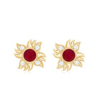 Round Shape Ruby and Diamond Sunburst Stud Earrings Ruby - ( AAA ) - Quality - Rosec Jewels