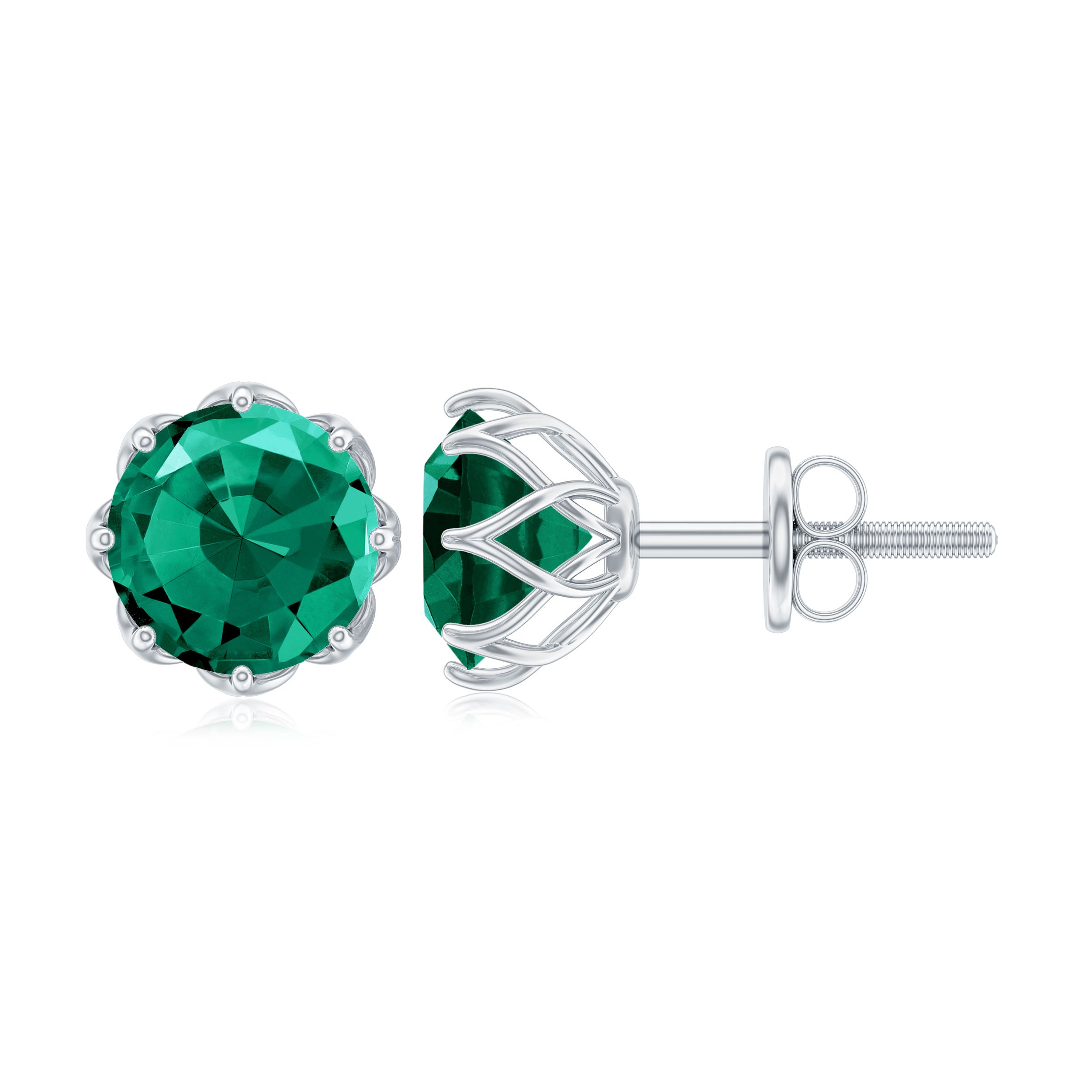 6 MM Decorative Created Emerald Solitaire Stud Earrings Lab Created Emerald - ( AAAA ) - Quality - Rosec Jewels