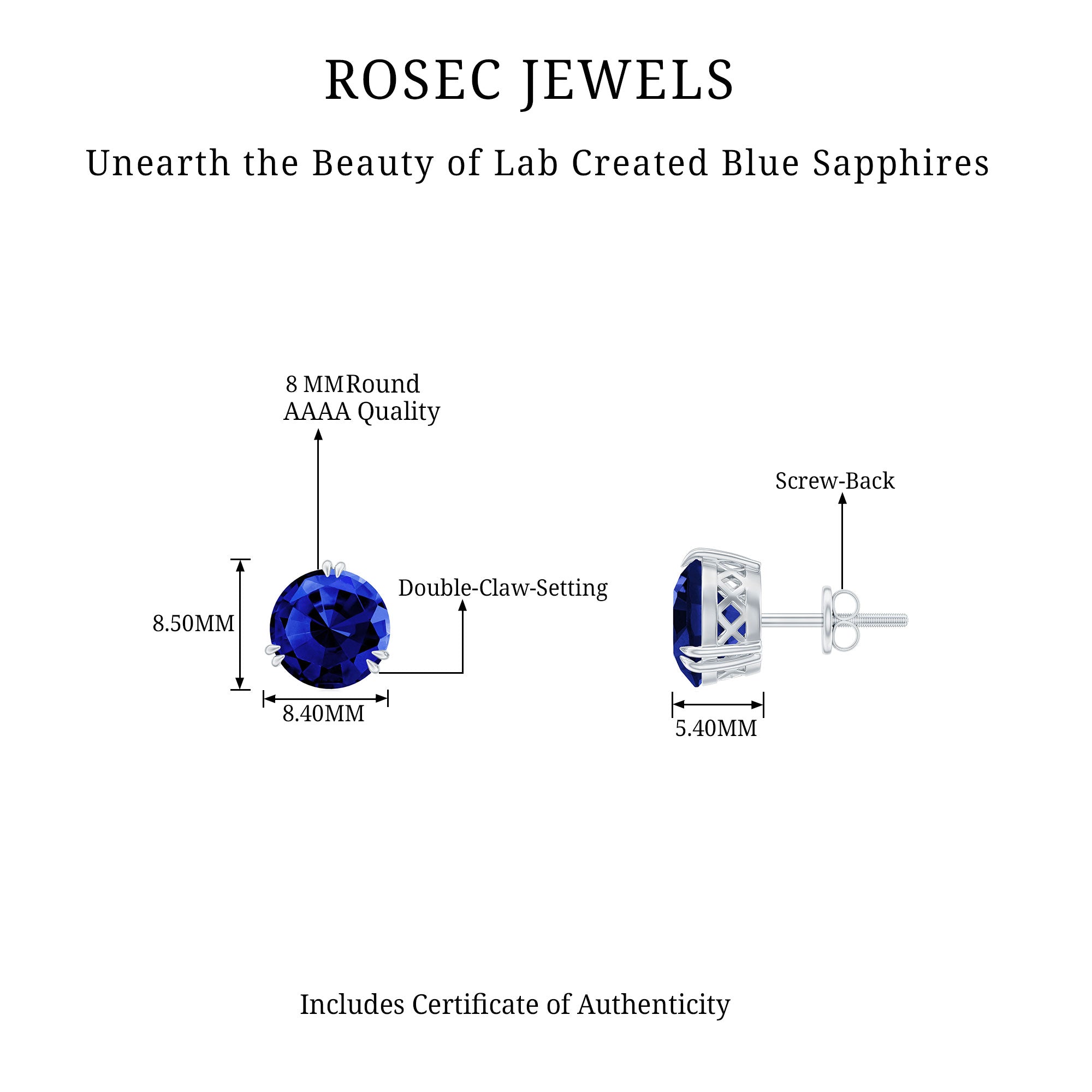 Double Claw Set Round Created Blue Sapphire Solitaire Stud Earrings Lab Created Blue Sapphire - ( AAAA ) - Quality - Rosec Jewels