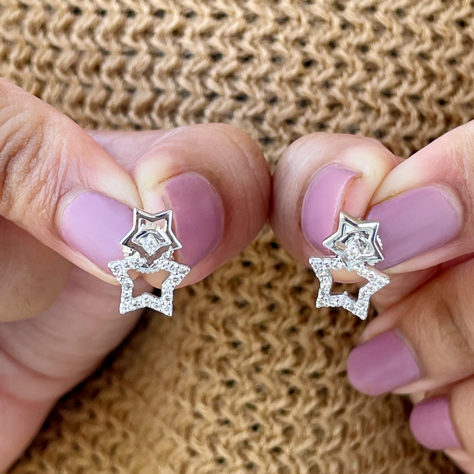 Double Star Stud Earrings with Diamond Diamond - ( HI-SI ) - Color and Clarity - Rosec Jewels