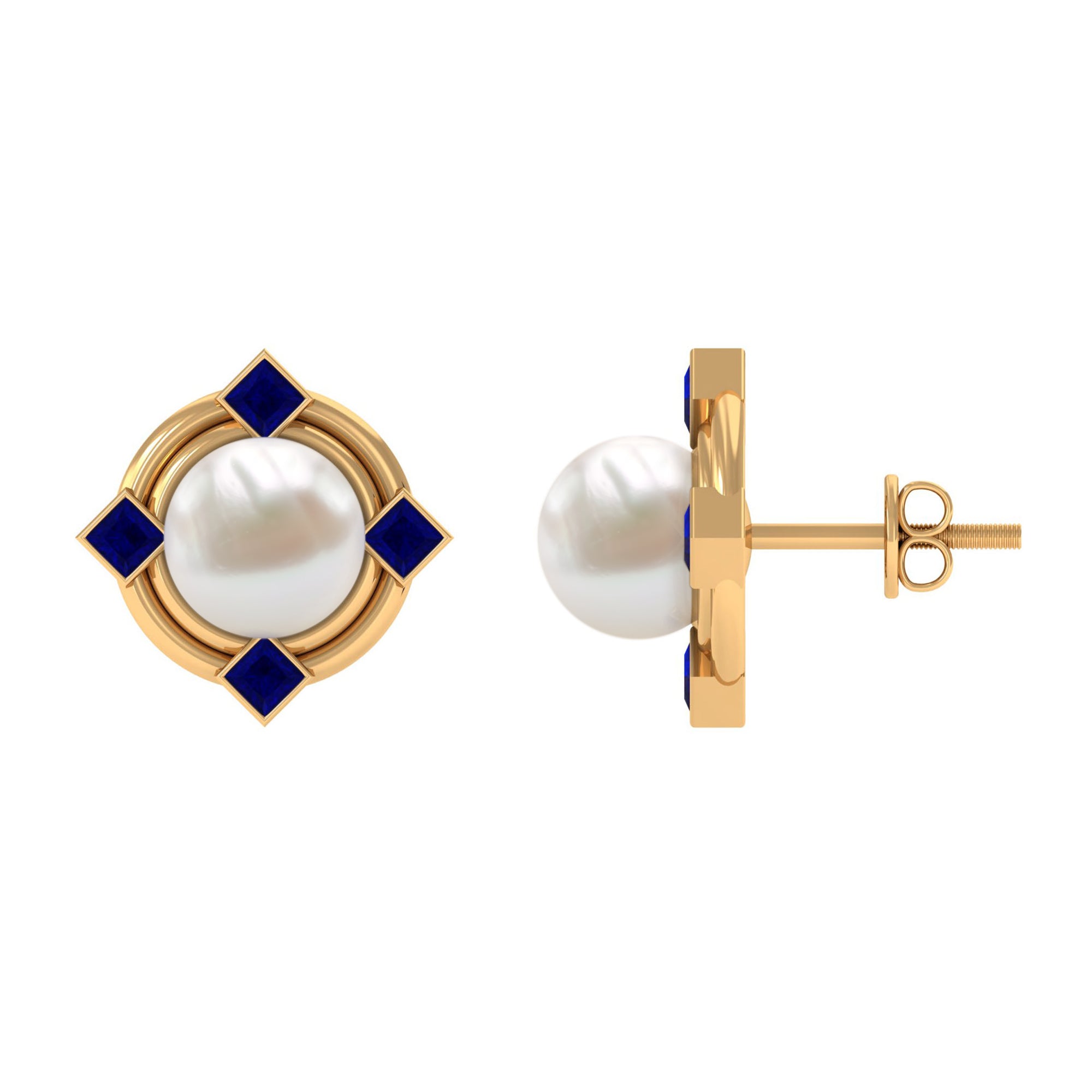 6.50 CT Modern Stud Earrings with Freshwater Pearl and Blue Sapphire Freshwater Pearl - ( AAA ) - Quality - Rosec Jewels