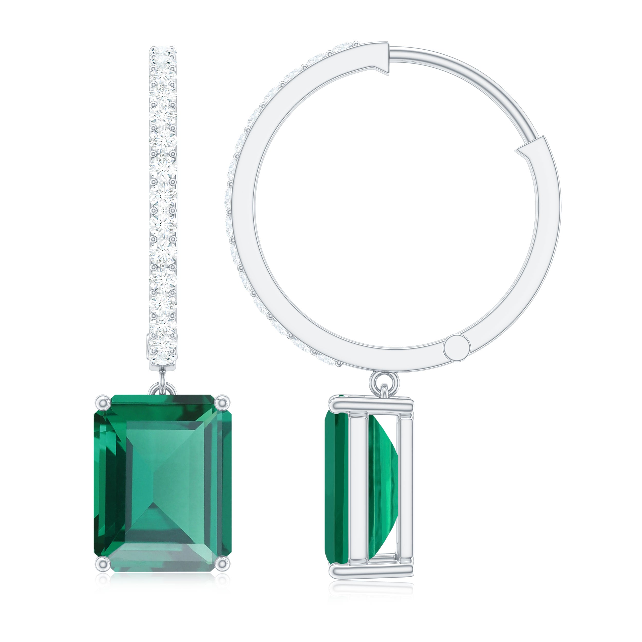 5 CT Octagon Cut Lab Created Emerald and Moissanite Silver Hoop Drop Earrings - Rosec Jewels