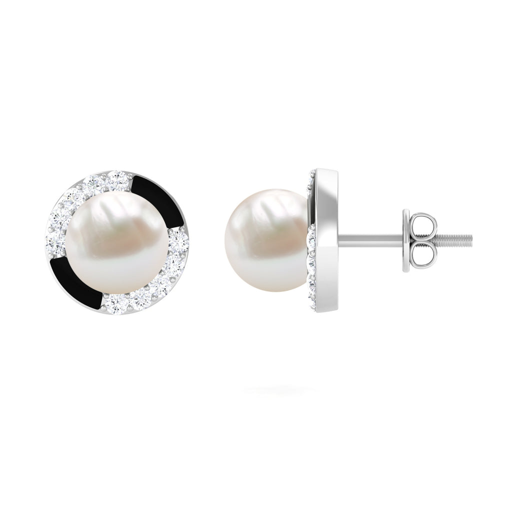 Real Freshwater Pearl Stud Earrings with Diamond Freshwater Pearl - ( AAA ) - Quality - Rosec Jewels