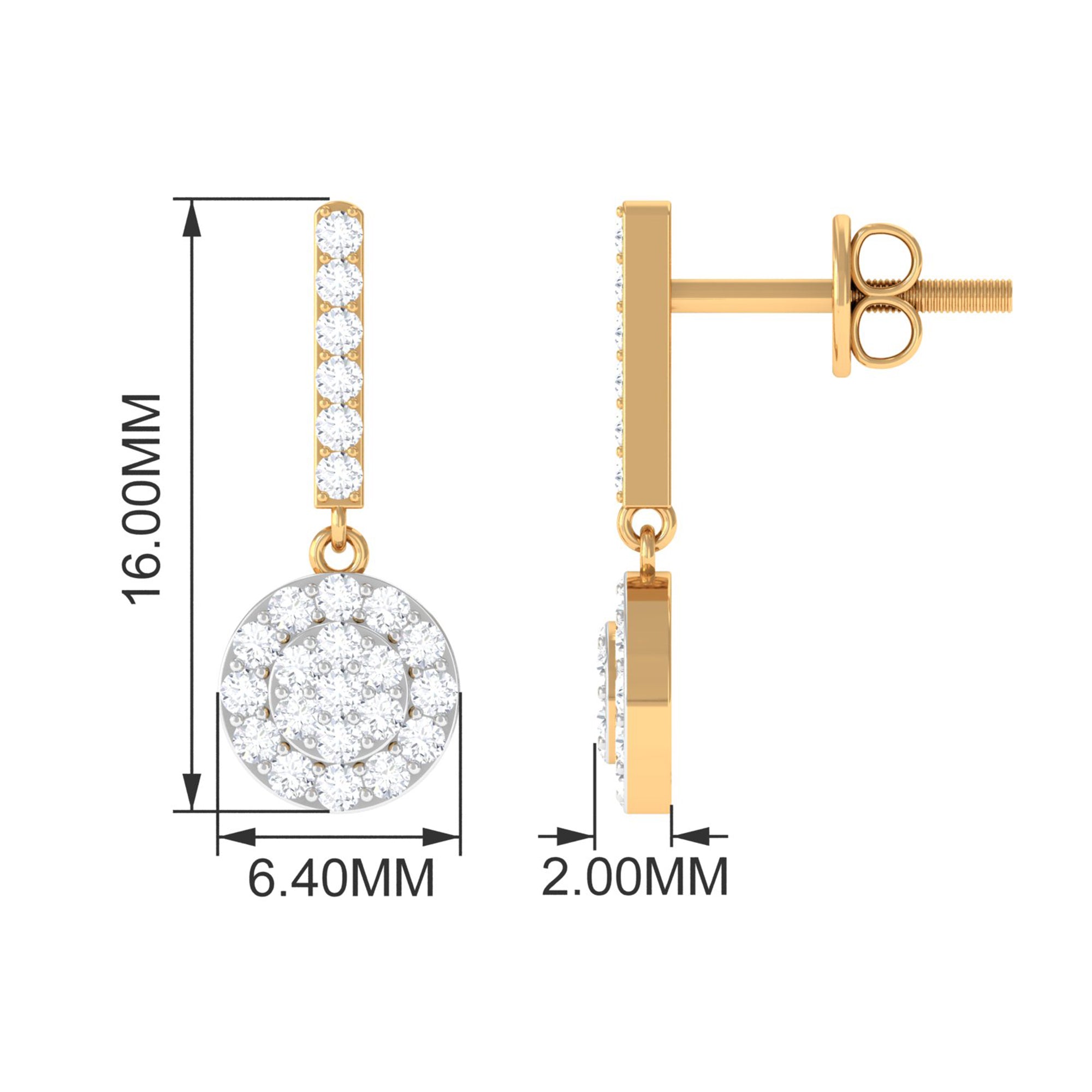 3/4 CT Minimal Zircon Gold Dangle Earrings in Pave Setting Zircon - ( AAAA ) - Quality - Rosec Jewels