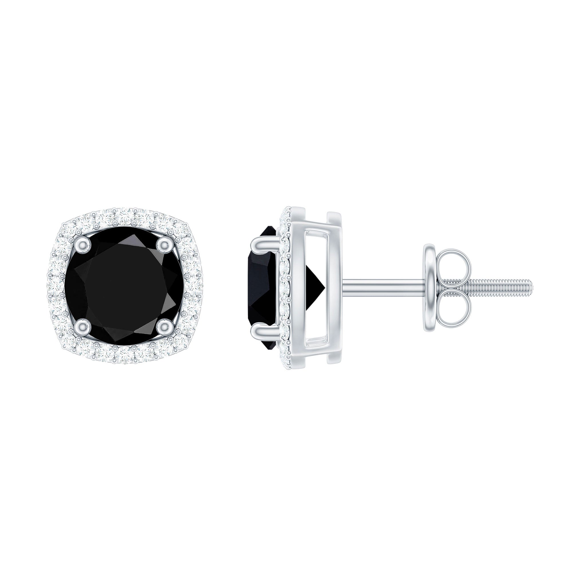 6 MM Black Spinel Stud Earrings with Diamond Halo Black Spinel - ( AAA ) - Quality - Rosec Jewels