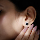 6 MM Black Spinel Stud Earrings with Diamond Halo Black Spinel - ( AAA ) - Quality - Rosec Jewels
