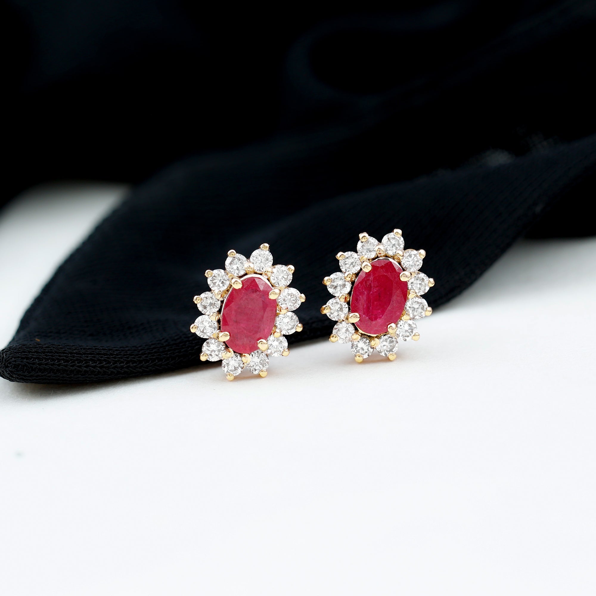 2 CT Oval Cut Ruby and Diamond Starburst Stud Earrings Ruby - ( AAA ) - Quality - Rosec Jewels