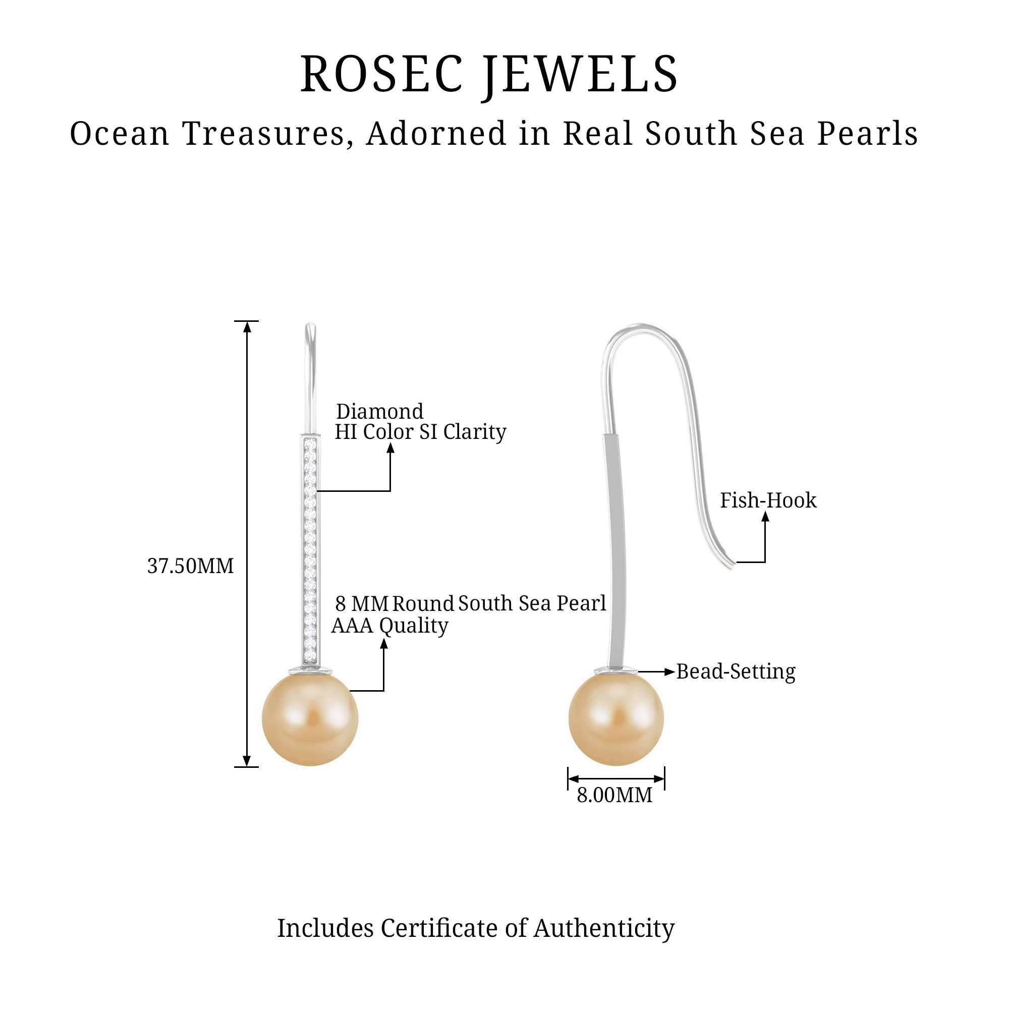 South Sea Pearl and Diamond Drop Earring with Fish Hook Closure South Sea Pearl - ( AAA ) - Quality - Rosec Jewels