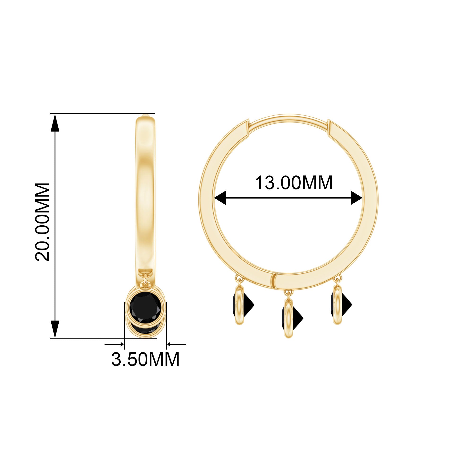 Three Stone Created Black Diamond Hoop Drop Earrings in Bezel Setting Lab Created Black Diamond - ( AAAA ) - Quality - Rosec Jewels