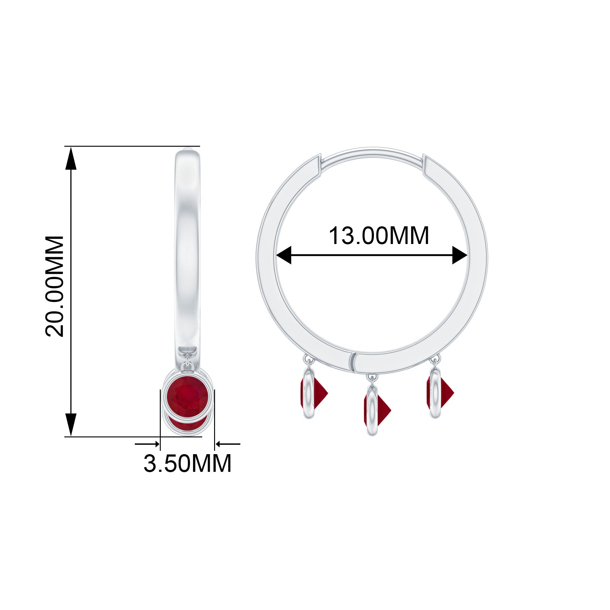 Ruby 3 Stone Hoop Drop Earrings in Bezel Setting Ruby - ( AAA ) - Quality - Rosec Jewels