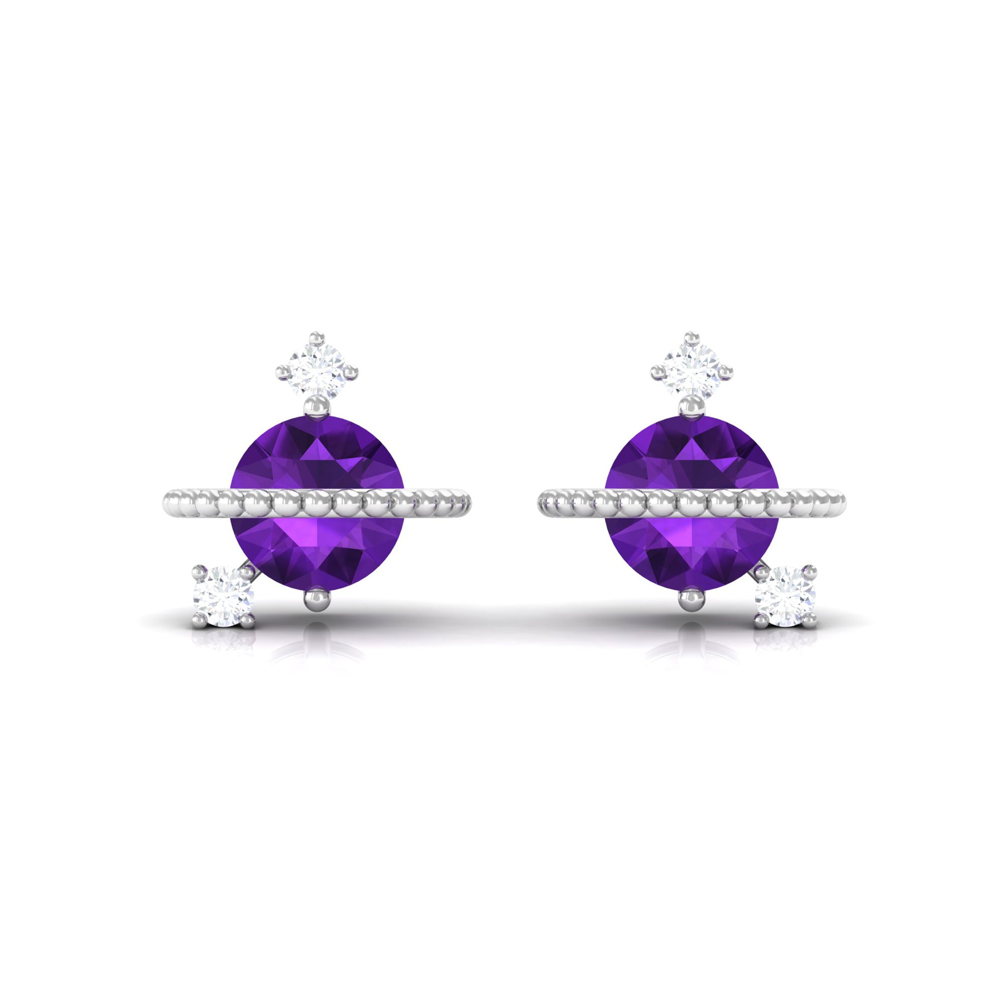 Real Amethyst Contemporary Celestial Stud Earrings with Diamond Amethyst - ( AAA ) - Quality - Rosec Jewels