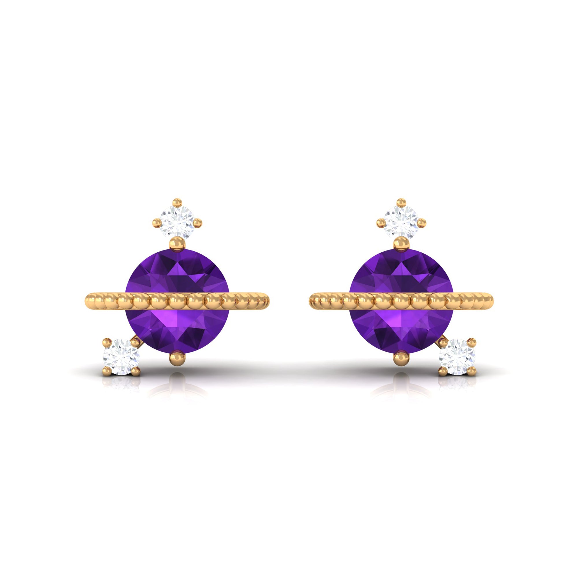 Real Amethyst Contemporary Celestial Stud Earrings with Diamond Amethyst - ( AAA ) - Quality - Rosec Jewels