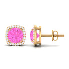 Round Pink Sapphire and Diamond Classic Halo Stud Earrings Pink Sapphire - ( AAA ) - Quality - Rosec Jewels