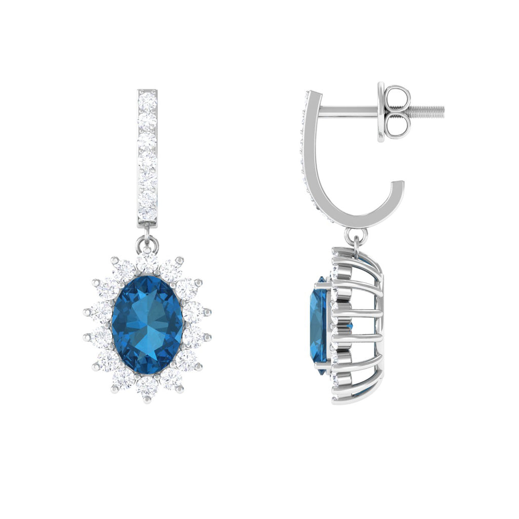 Certified London Blue Topaz and Diamond J Hoop Drop Earrings London Blue Topaz - ( AAA ) - Quality - Rosec Jewels