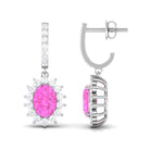 Oval Pink Sapphire and Diamond Sunburst J Hoop Drop Earrings Pink Sapphire - ( AAA ) - Quality - Rosec Jewels