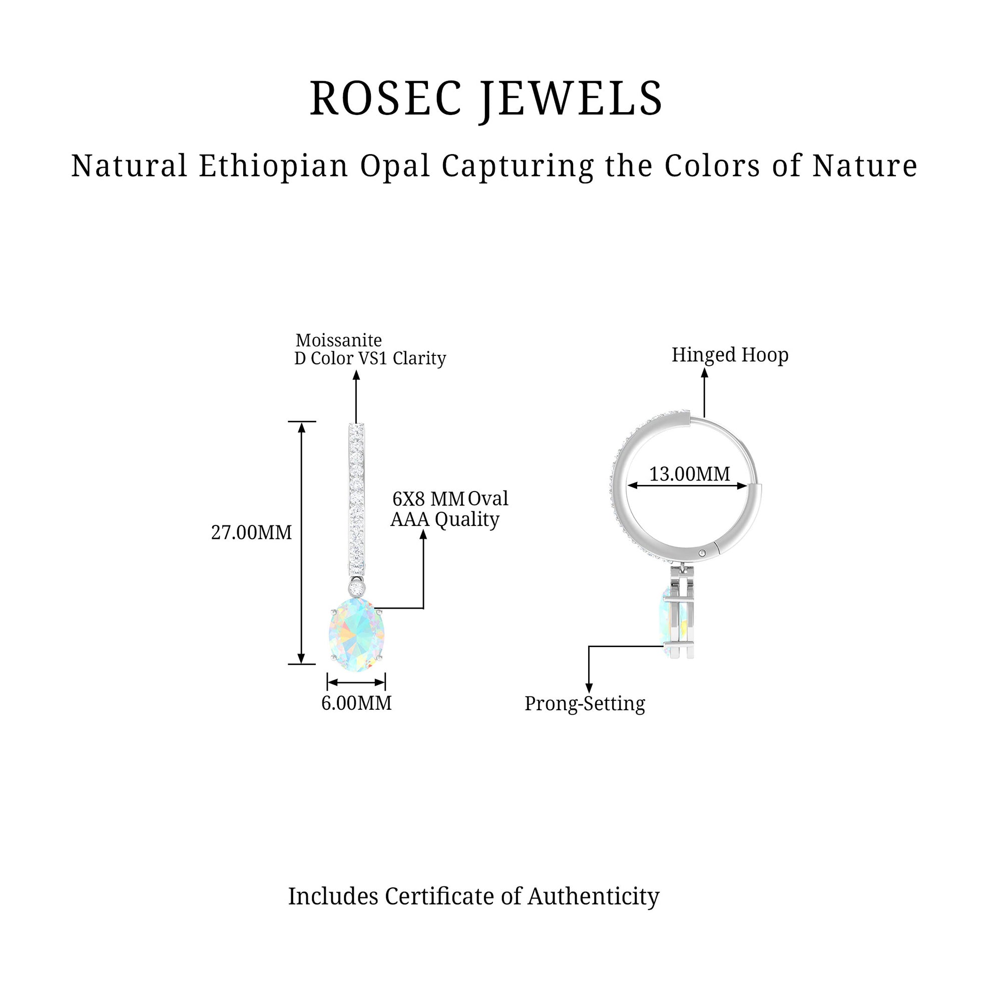 Oval Ethiopian Opal Drop Earrings with Moissanite Hoop Ethiopian Opal - ( AAA ) - Quality - Rosec Jewels